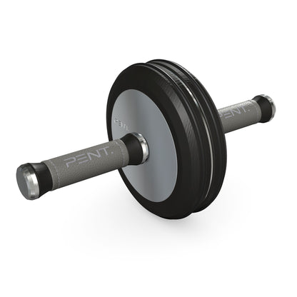 A luxurious home gym equipment, wooden ab roller with black ash wood, premium steel and genuine leather in grey colour, designed for core workouts. PENT. TWISTA- Luxury Ab Roller