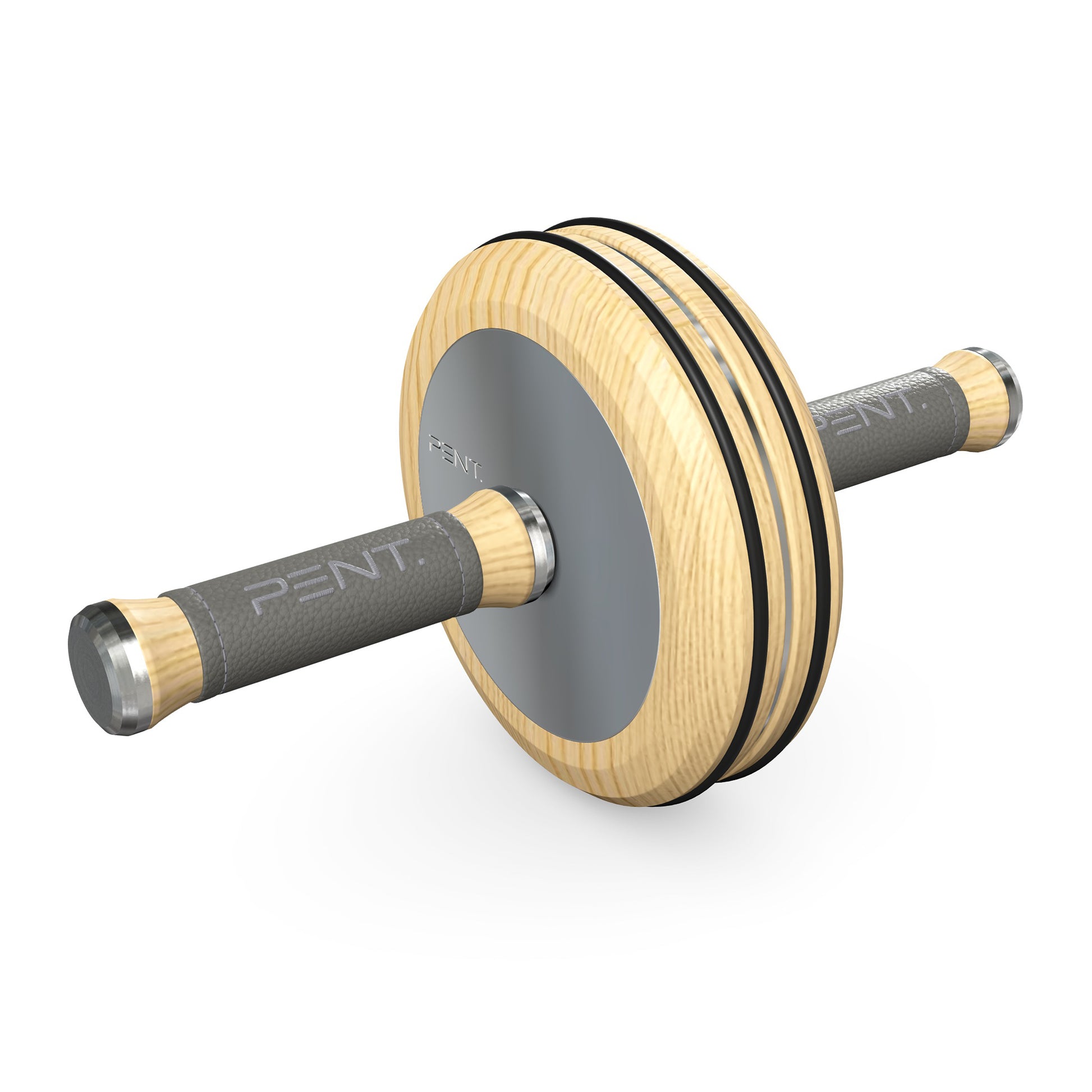 A luxurious home gym equipment, wooden ab roller with natural ash wood, premium steel and genuine leather in grey colour, designed for core workouts. PENT. TWISTA- Luxury Ab Roller