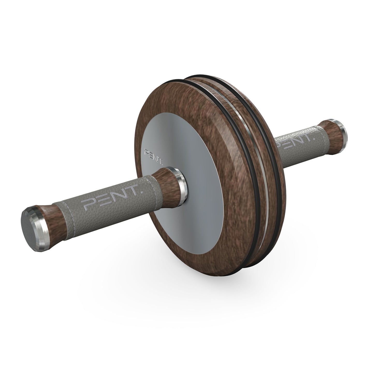 A luxurious home gym equipment, wooden ab roller with dark walnut wood, premium steel and genuine leather in grey colour, designed for core workouts. PENT. TWISTA- Luxury Ab Roller