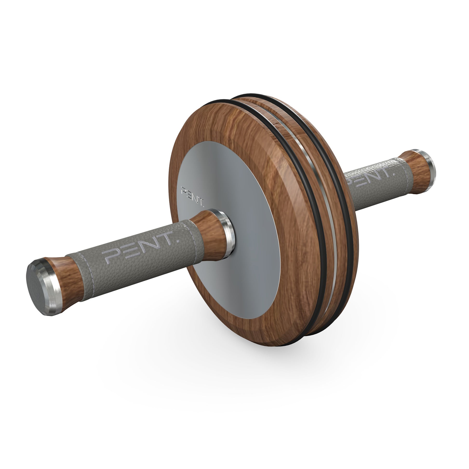 A luxurious home gym equipment, wooden ab roller with natural walnut wood, premium steel and genuine leather in grey colour, designed for core workouts. PENT. TWISTA- Luxury Ab Roller