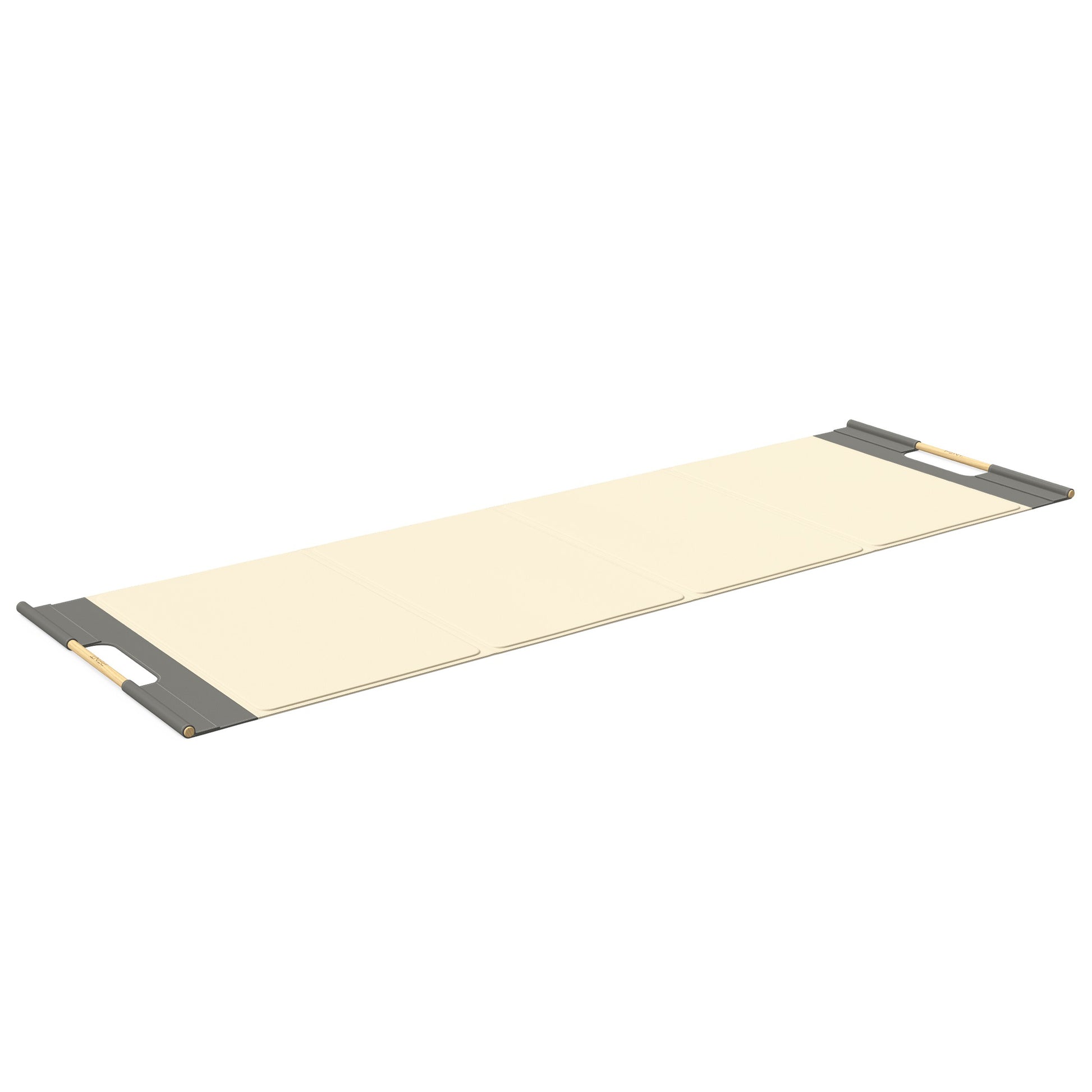 Luxurious fitness equipment, premium exercise mat handcrafted with natural wood and genuine Italian leather, customize in beige base leather, grey accent leather and natural ash wood. PENT. MATA