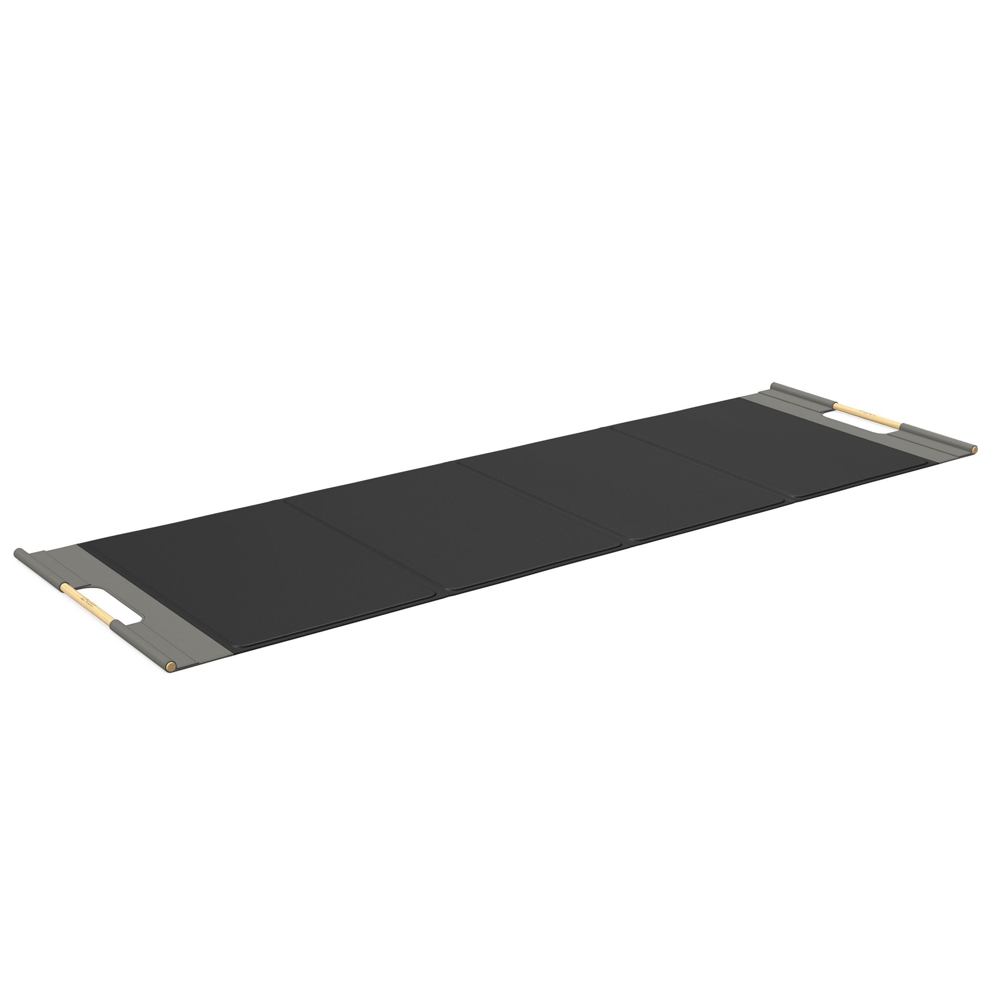 Luxurious fitness equipment, premium exercise mat handcrafted with natural wood and genuine Italian leather, customize in black base leather, grey accent leather and natural ash wood. PENT. MATA