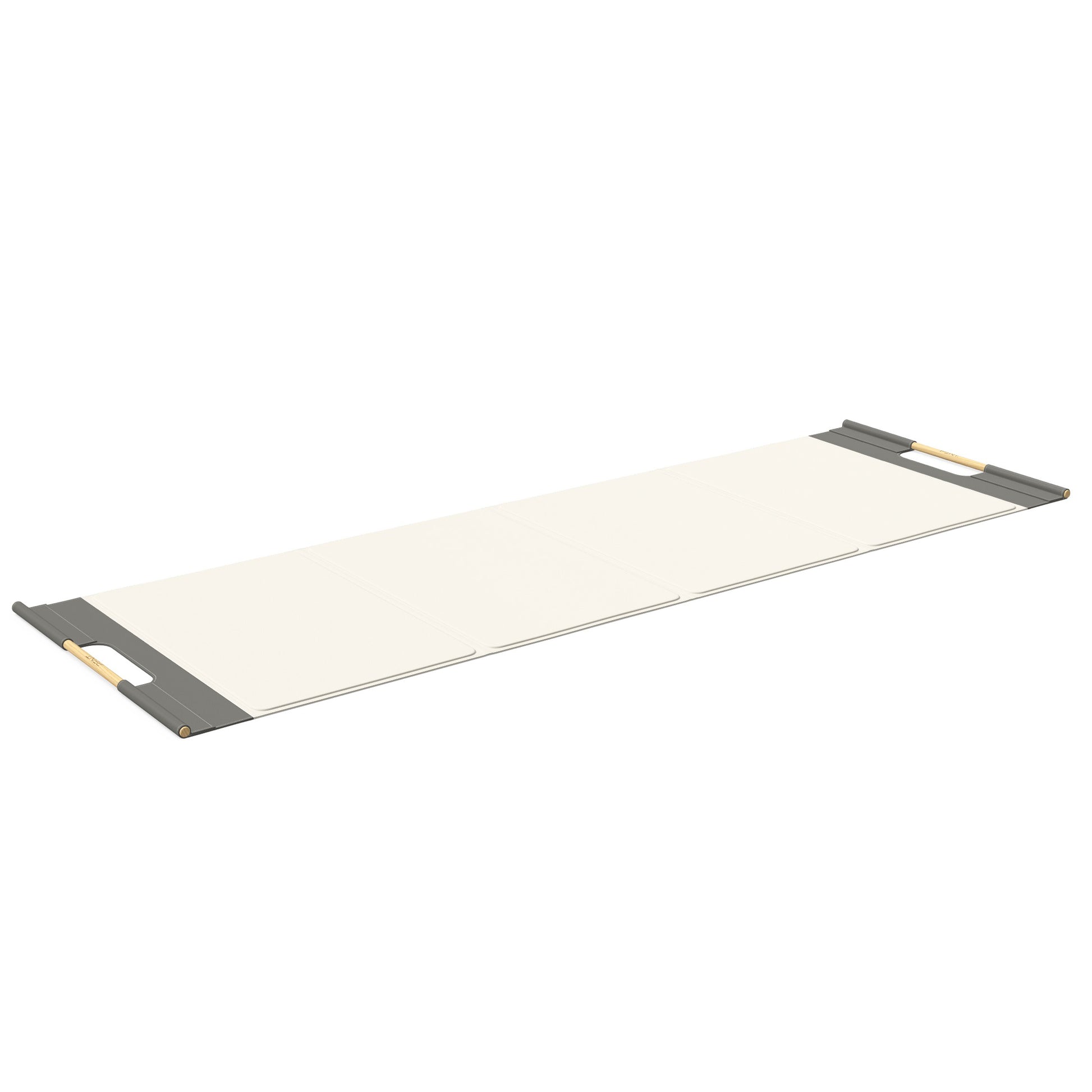 Luxurious fitness equipment, premium exercise mat handcrafted with natural wood and genuine Italian leather, customize in white base leather, grey accent leather and natural ash wood. PENT. MATA