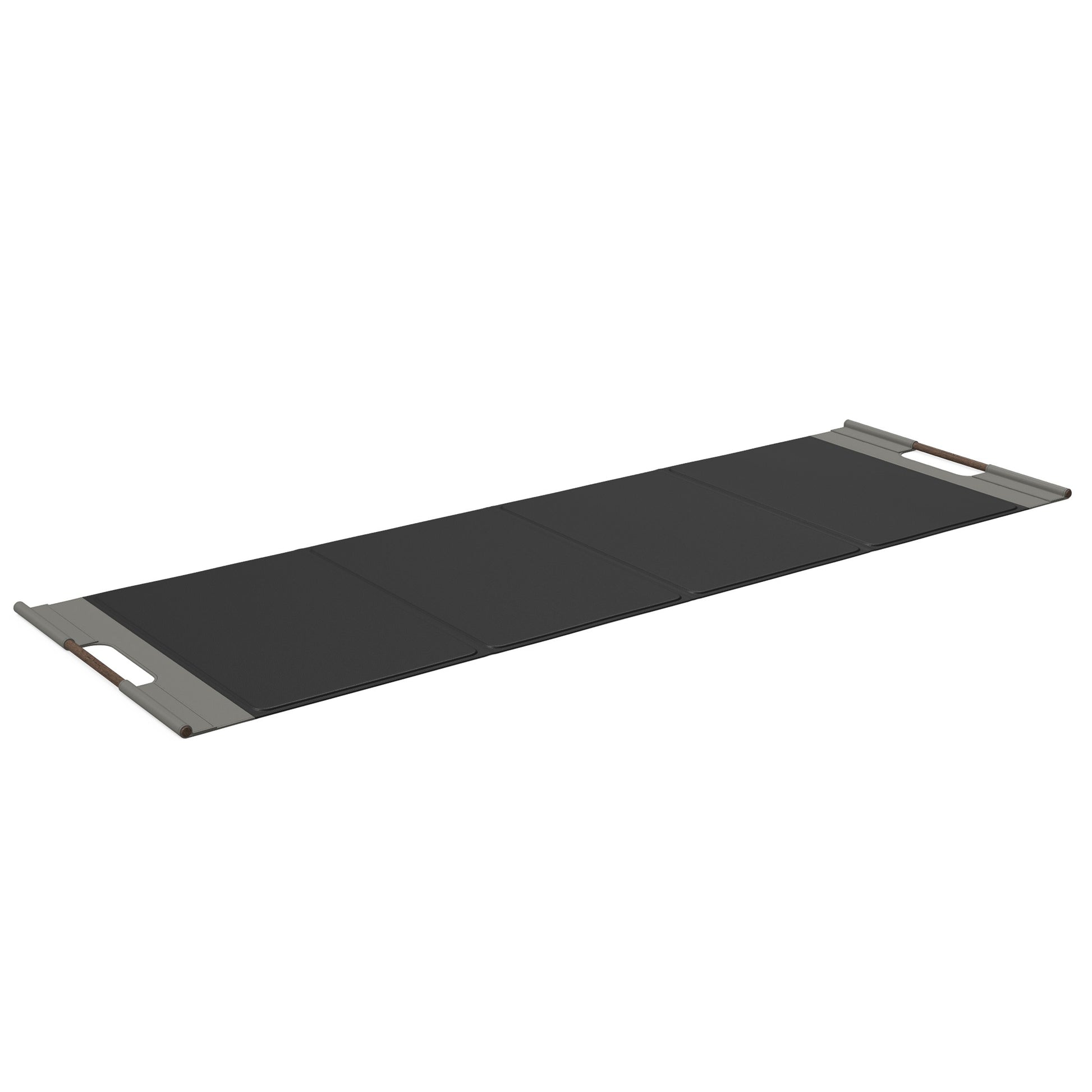 Luxurious fitness equipment, premium exercise mat handcrafted with natural wood and genuine Italian leather, customize in black base leather, grey accent leather and dark walnut wood. PENT. MATA