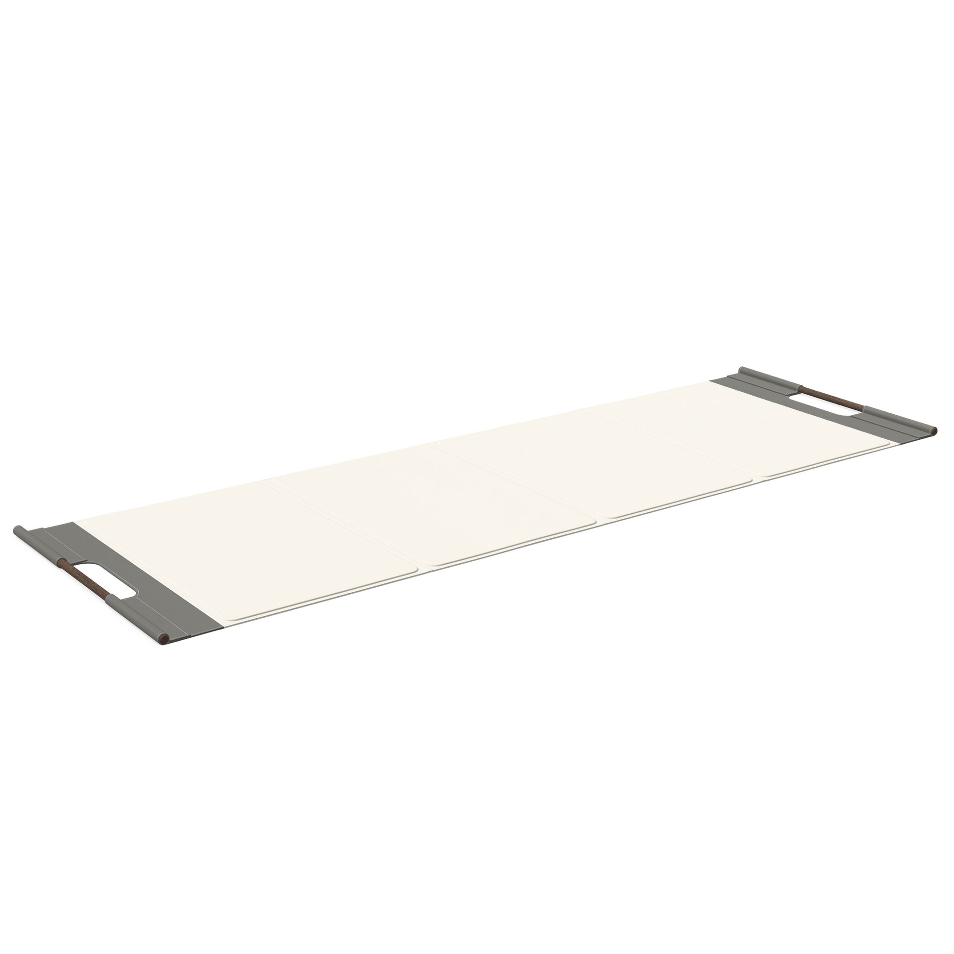 Luxurious fitness equipment, premium exercise mat handcrafted with natural wood and genuine Italian leather, customize in white base leather, grey accent leather and dark walnut wood. PENT. MATA