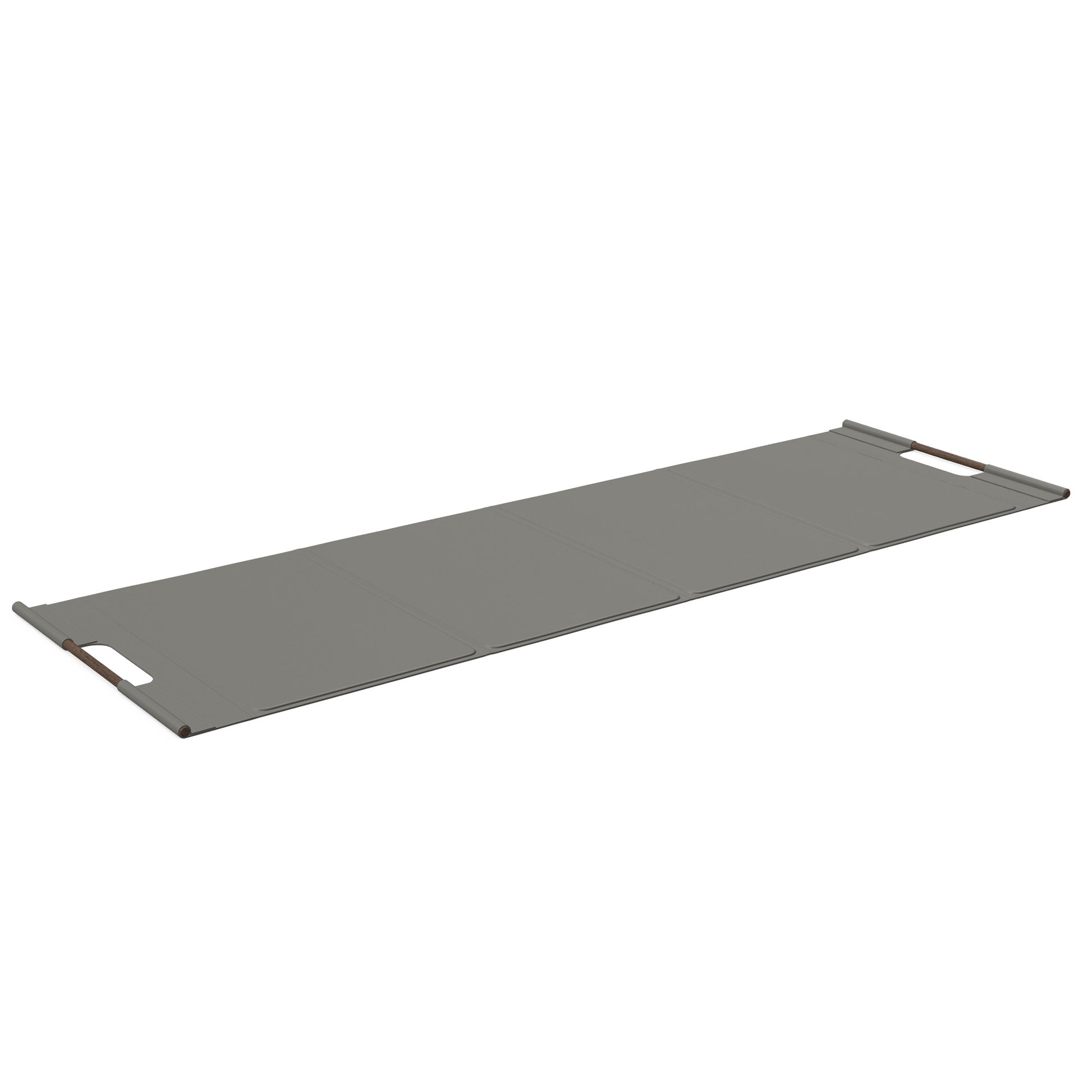 Luxurious fitness equipment, premium exercise mat handcrafted with natural wood and genuine Italian leather, customize in grey base leather, grey accent leather and dark walnut wood. PENT. MATA