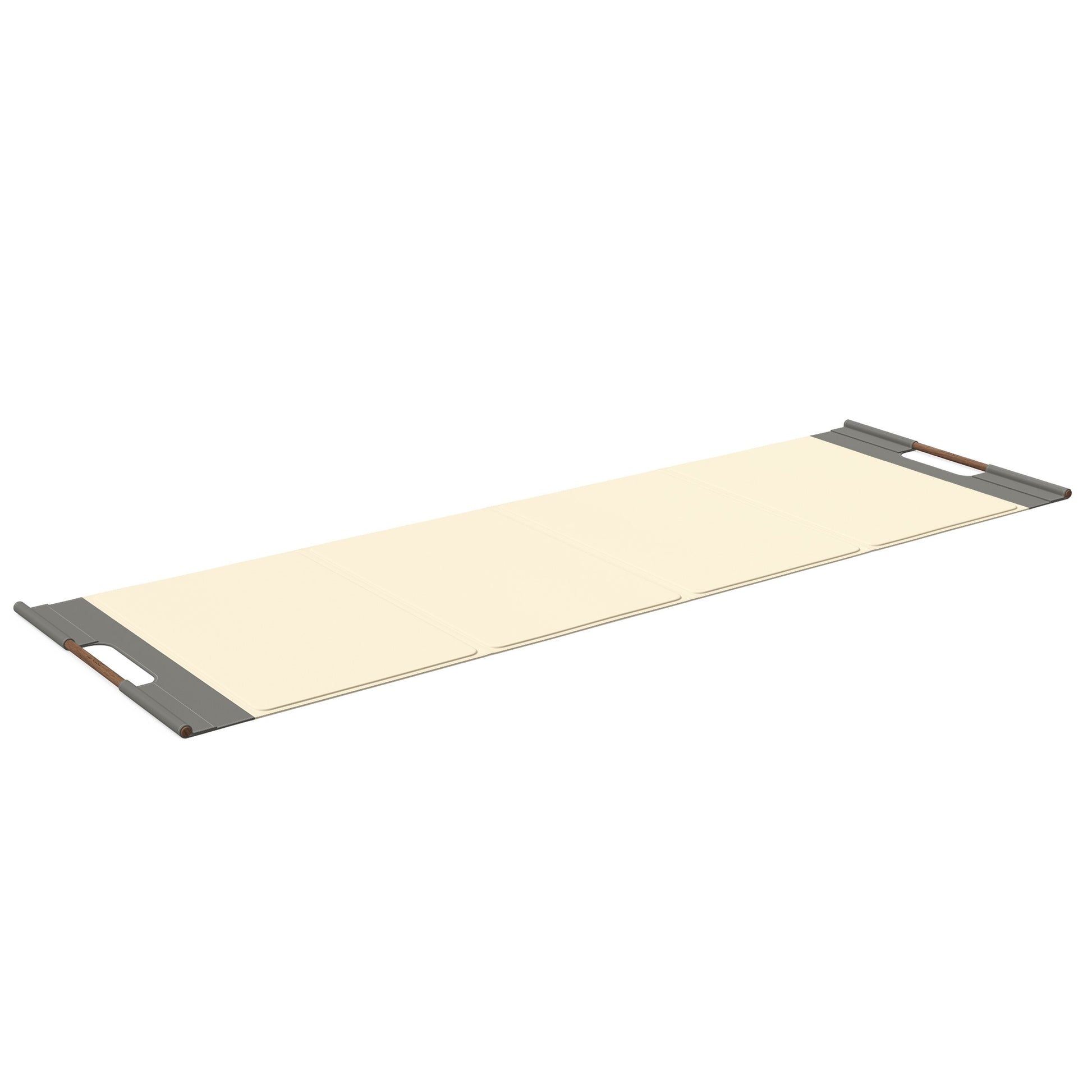 Luxurious fitness equipment, premium exercise mat handcrafted with natural wood and genuine Italian leather, customize in beige base leather, grey accent leather and natural walnut wood. PENT. MATA