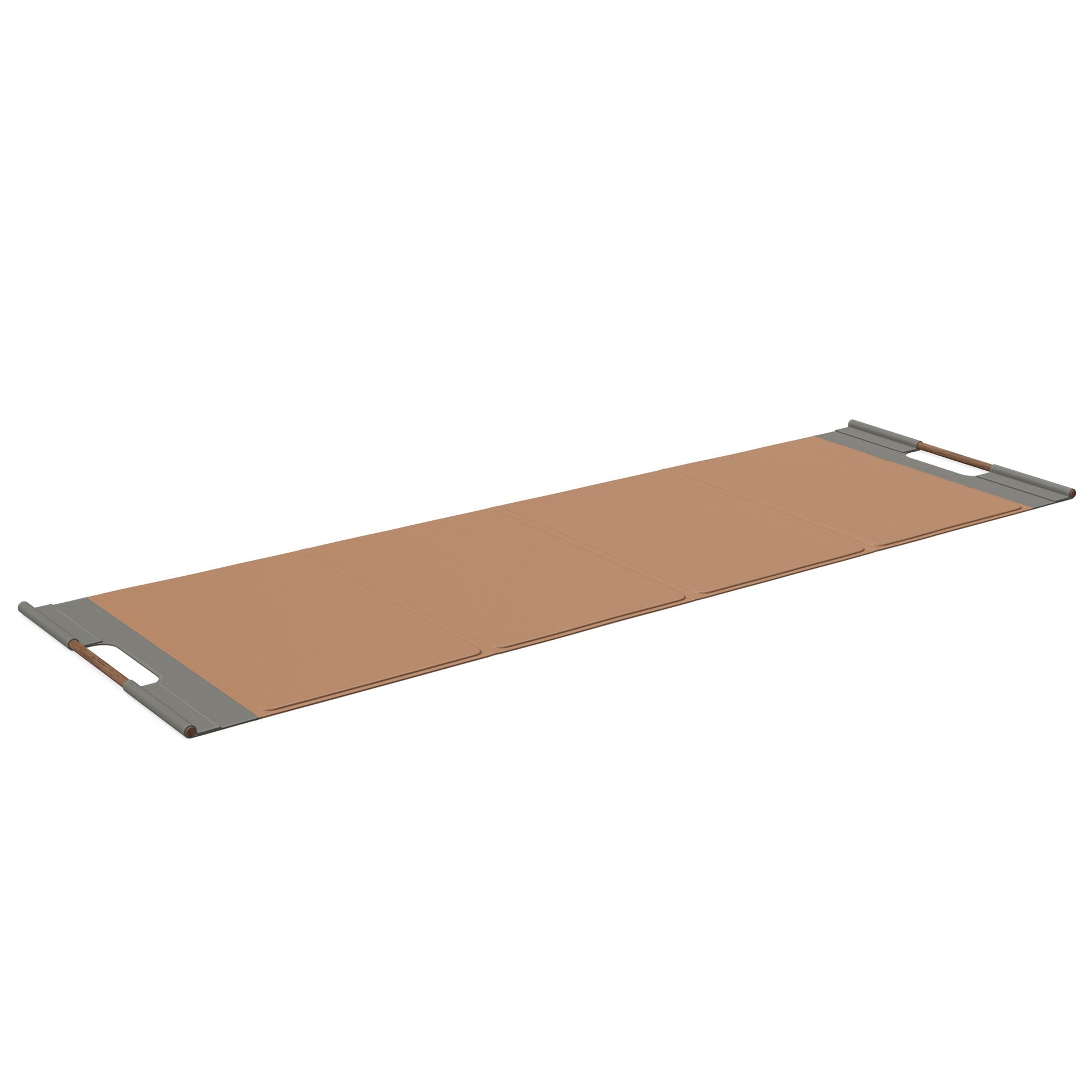 Luxurious fitness equipment, premium exercise mat handcrafted with natural wood and genuine Italian leather, customize in brown base leather, grey accent leather and natural walnut wood. PENT. MATA