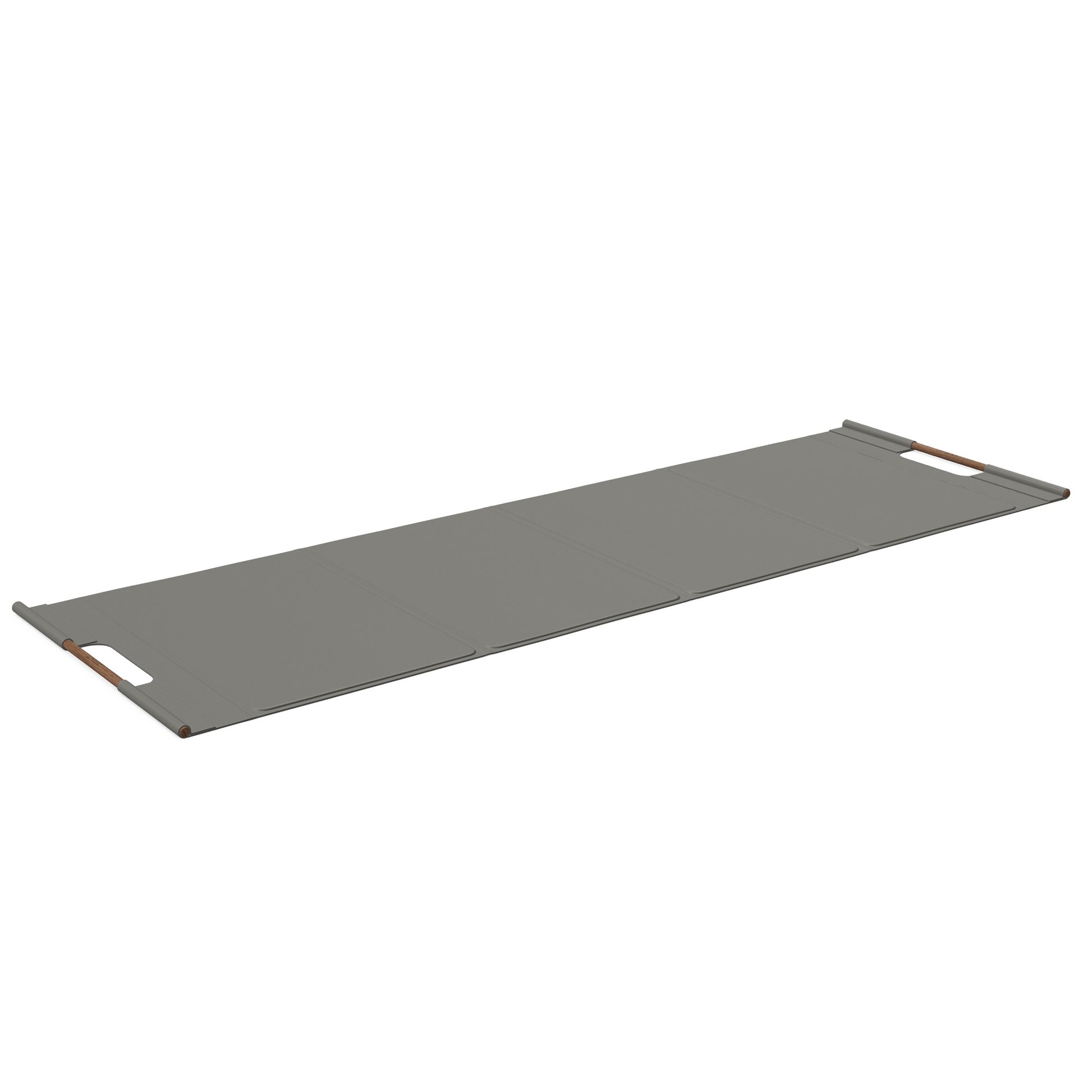Luxurious fitness equipment, premium exercise mat handcrafted with natural wood and genuine Italian leather, customize in grey base leather, grey accent leather and natural walnut wood. PENT. MATA