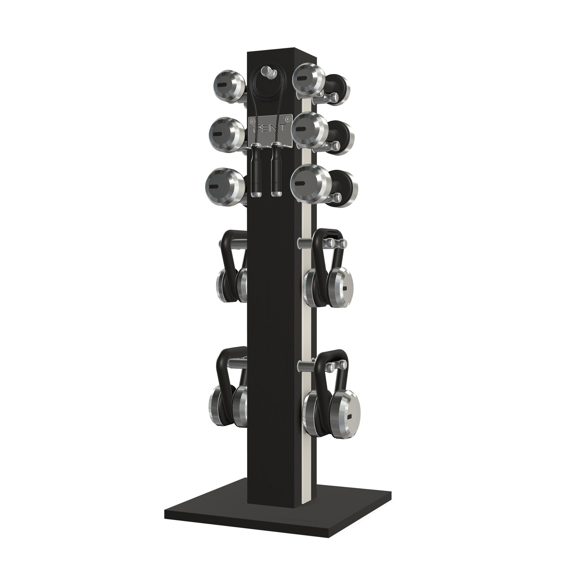 Dumbbells, kettlebells and skipping rope on a vertical black ash wooden stand with white leather, luxury fitness equipment.