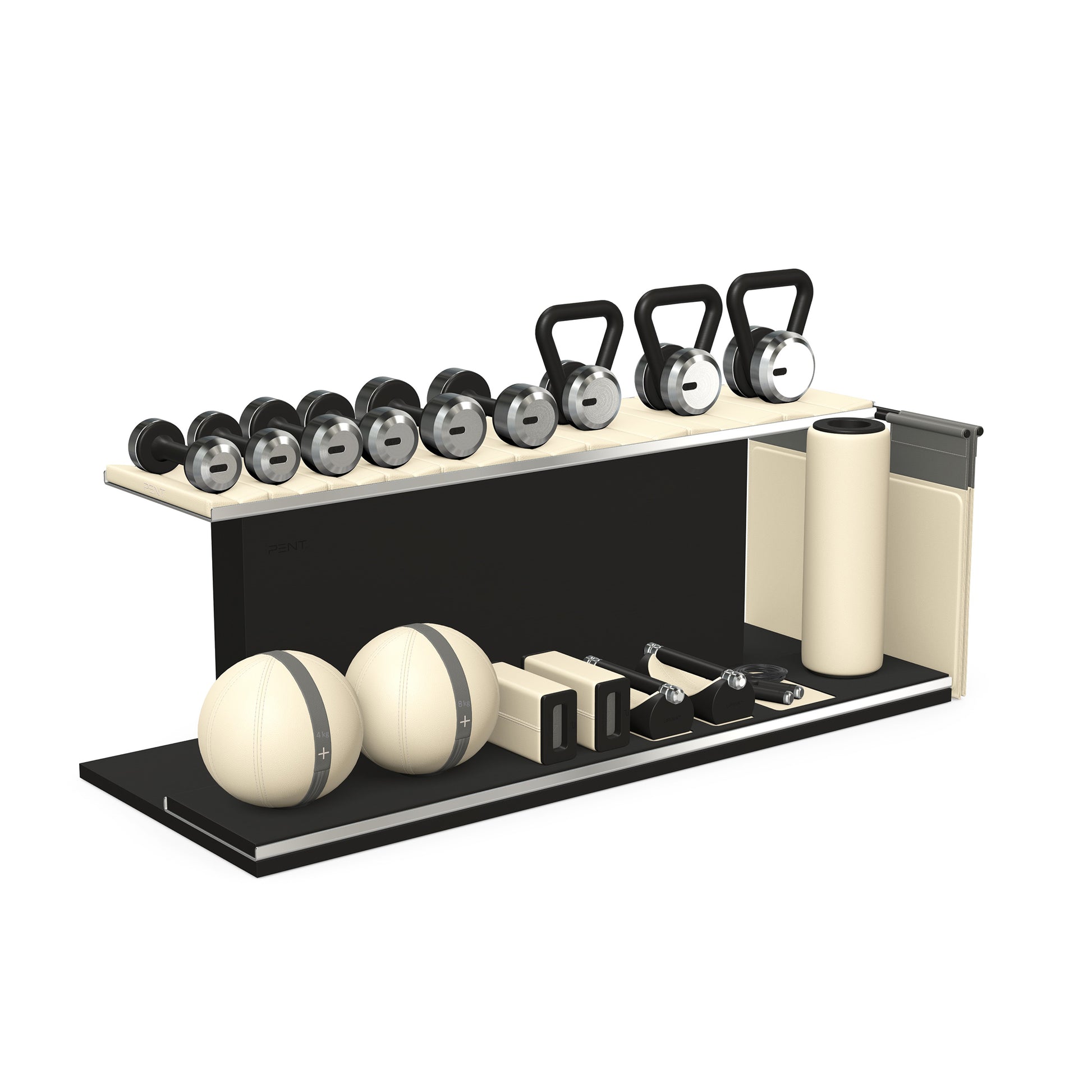 PENT. ANA: Skipping rope, push up bars, fitness mat, dumbbells, kettlebells, stretching roller, yoga blocks and leather medicine balls. Handcrafted with stainless steel, premium Italian beige base leather, grey accent leather and black ash wood.