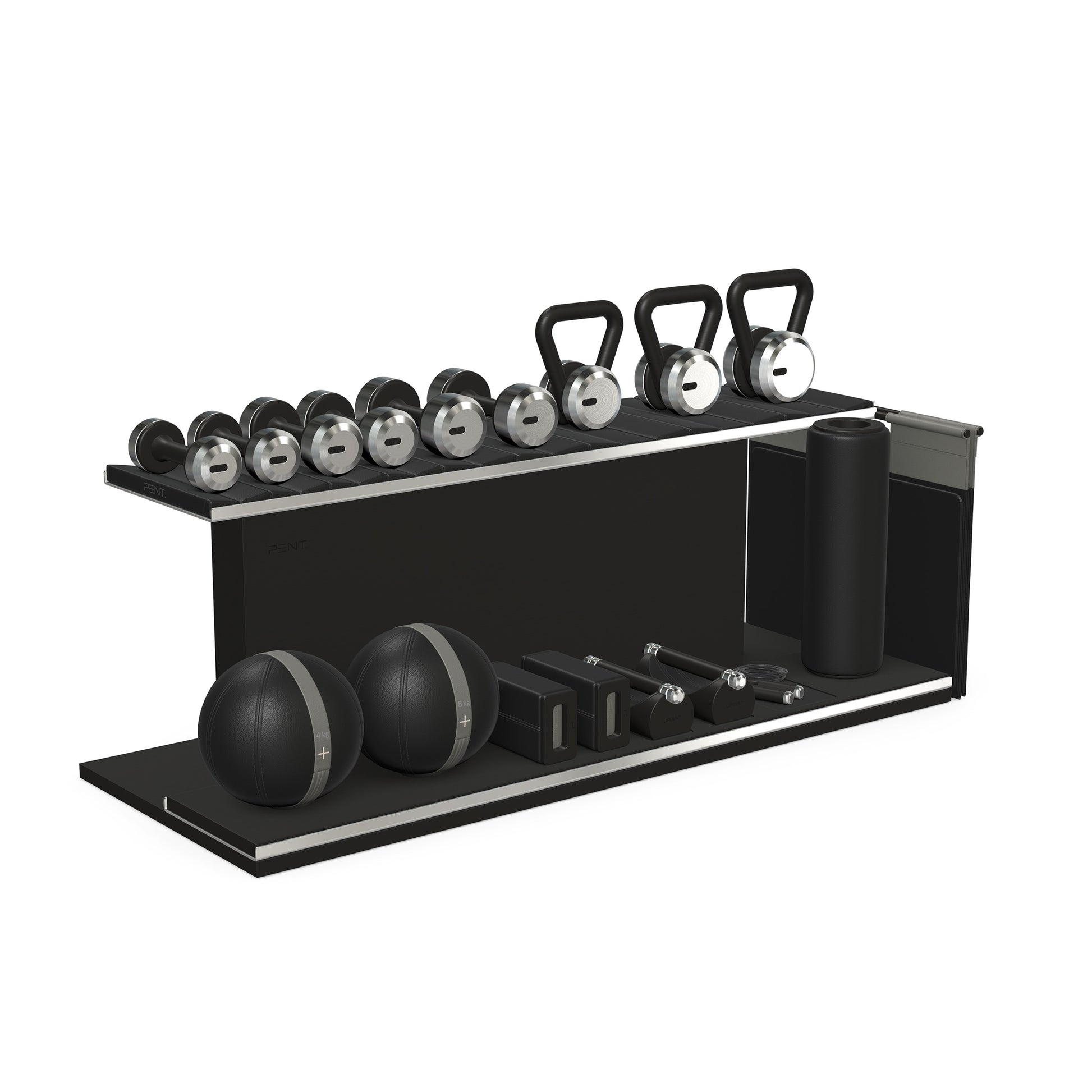 PENT. ANA: Skipping rope, push up bars, fitness mat, dumbbells, kettlebells, stretching roller, yoga blocks and leather medicine balls. Handcrafted with stainless steel, premium Italian black base leather, grey accent leather and black ash wood.