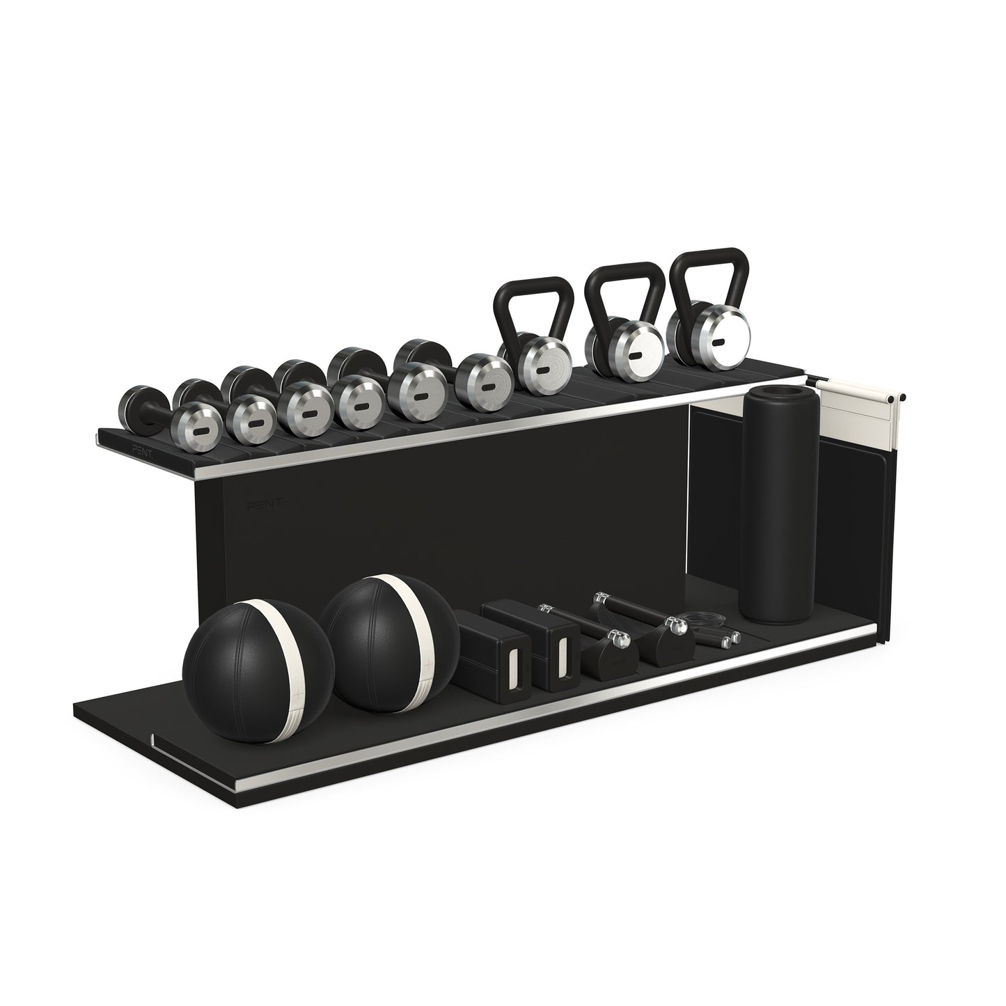 PENT. ANA: Skipping rope, push up bars, fitness mat, dumbbells, kettlebells, stretching roller, yoga blocks and leather medicine balls. Handcrafted with stainless steel, premium Italian black base leather, white accent leather and black ash wood.