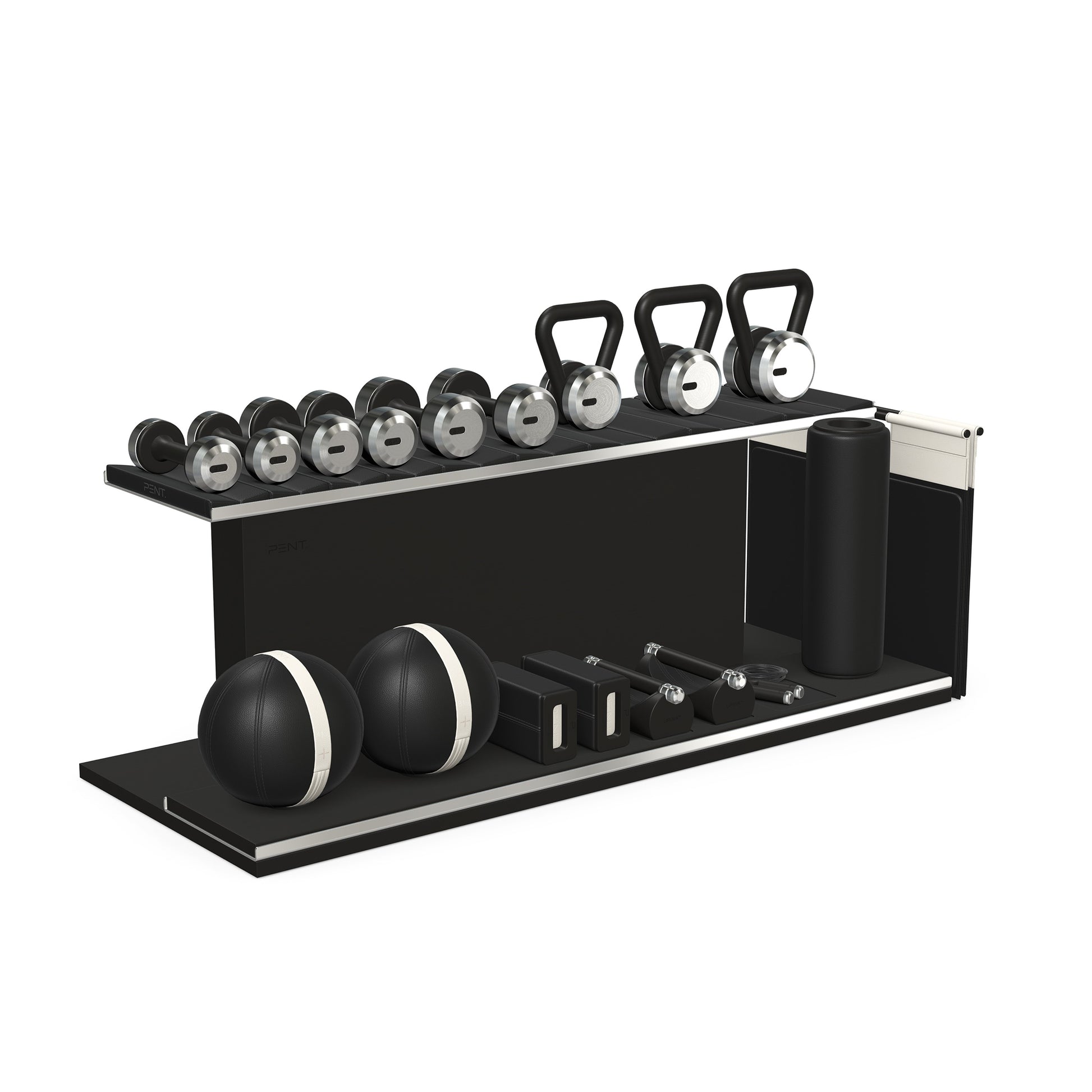 PENT. ANA: Skipping rope, push up bars, fitness mat, dumbbells, kettlebells, stretching roller, yoga blocks and leather medicine balls. Handcrafted with stainless steel, premium Italian black base leather, white accent leather and black ash wood.