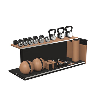 PENT. ANA: Skipping rope, push up bars, fitness mat, dumbbells, kettlebells, stretching roller, yoga blocks and leather medicine balls. Handcrafted with stainless steel, premium Italian brown base leather, black accent leather and black ash wood.