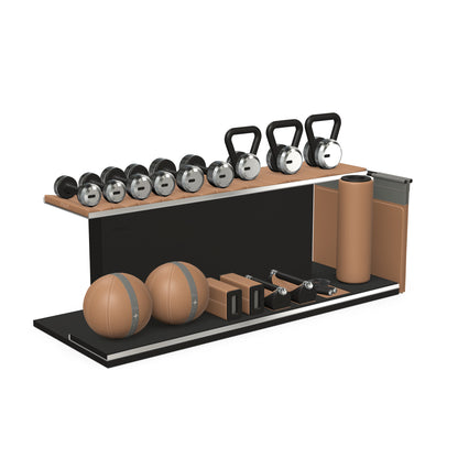 PENT. ANA: Skipping rope, push up bars, fitness mat, dumbbells, kettlebells, stretching roller, yoga blocks and leather medicine balls. Handcrafted with stainless steel, premium Italian brown base leather, grey accent leather and black ash wood.