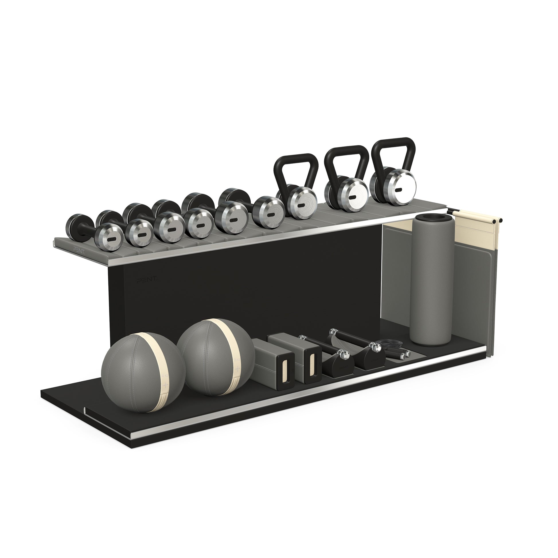 PENT. ANA: Skipping rope, push up bars, fitness mat, dumbbells, kettlebells, stretching roller, yoga blocks and leather medicine balls. Handcrafted with stainless steel, premium Italian grey base leather, beige accent leather and black ash wood.