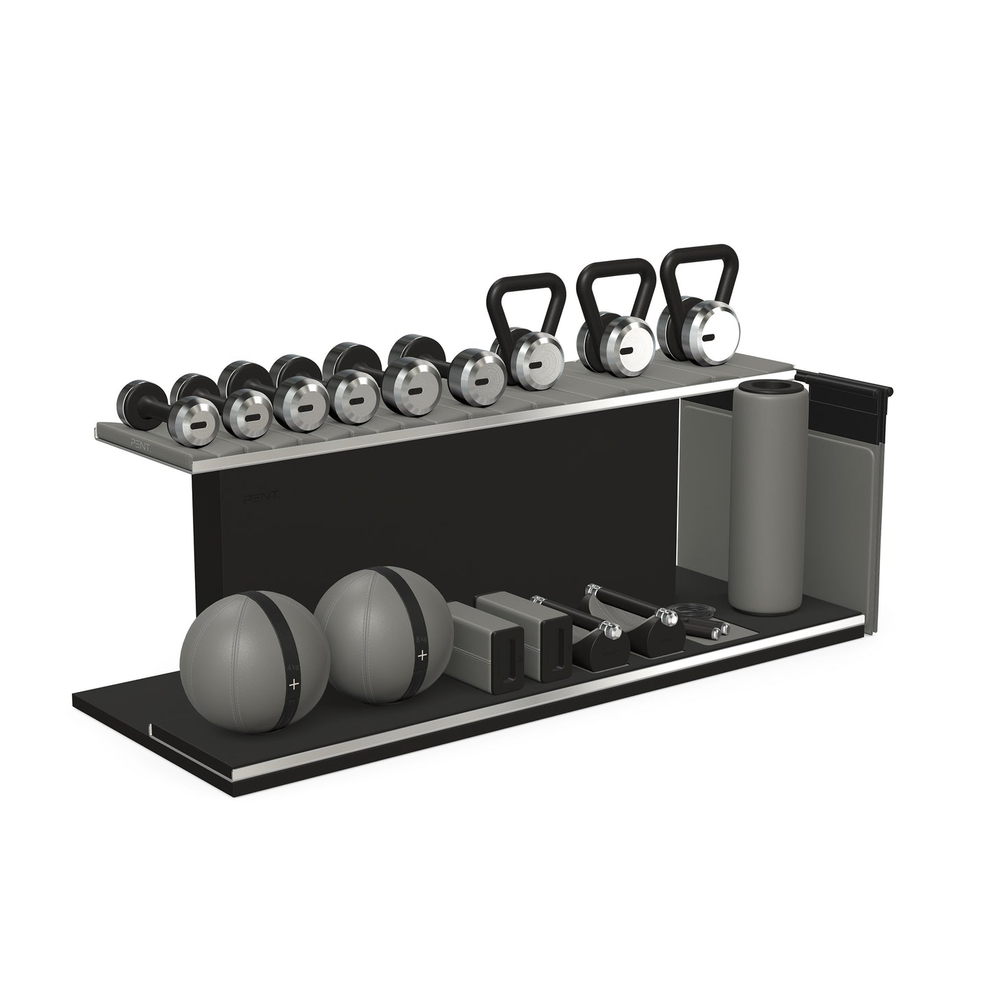 PENT. ANA: Skipping rope, push up bars, fitness mat, dumbbells, kettlebells, stretching roller, yoga blocks and leather medicine balls. Handcrafted with stainless steel, premium Italian grey base leather, black accent leather and black ash wood.