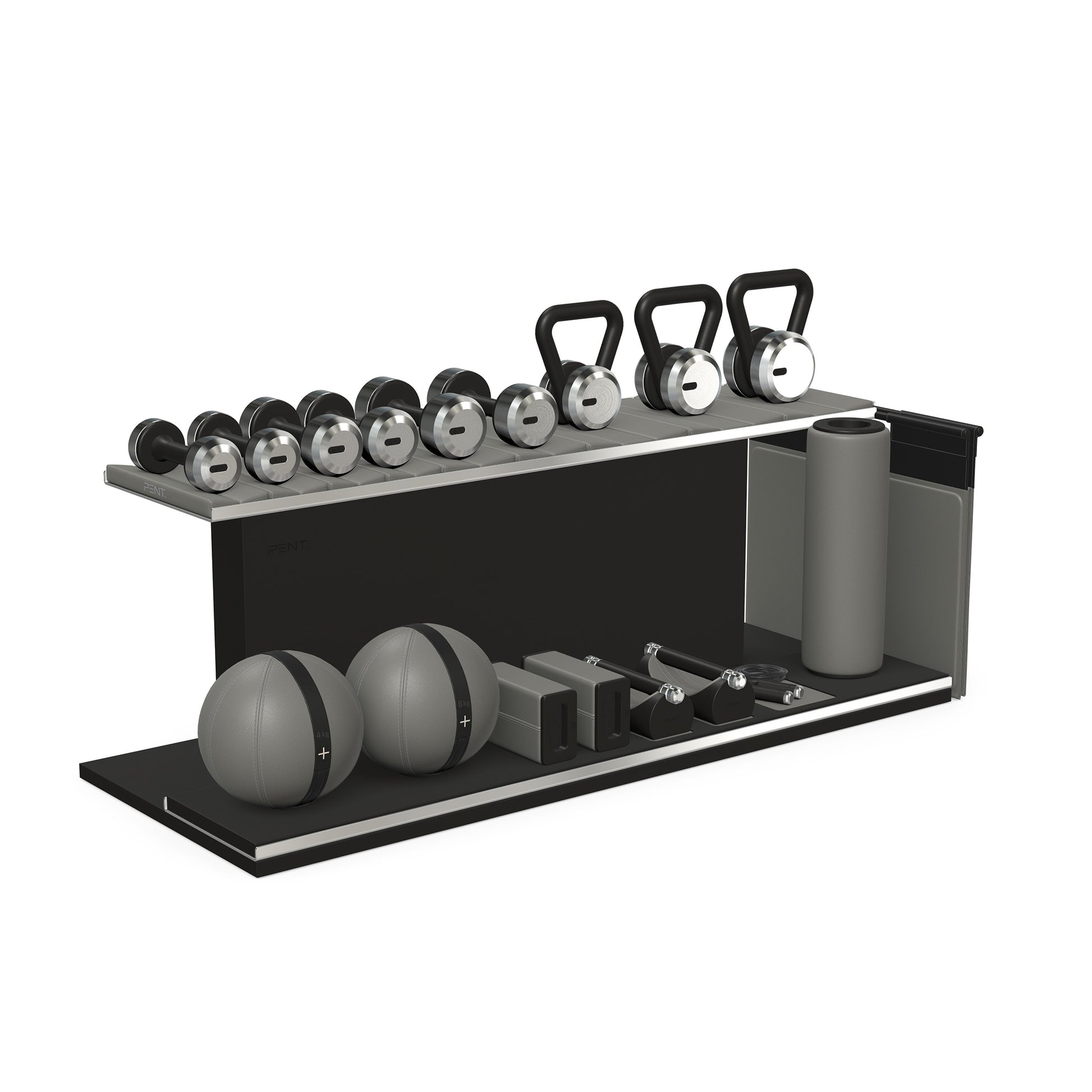 PENT. ANA: Skipping rope, push up bars, fitness mat, dumbbells, kettlebells, stretching roller, yoga blocks and leather medicine balls. Handcrafted with stainless steel, premium Italian grey base leather, black accent leather and black ash wood.