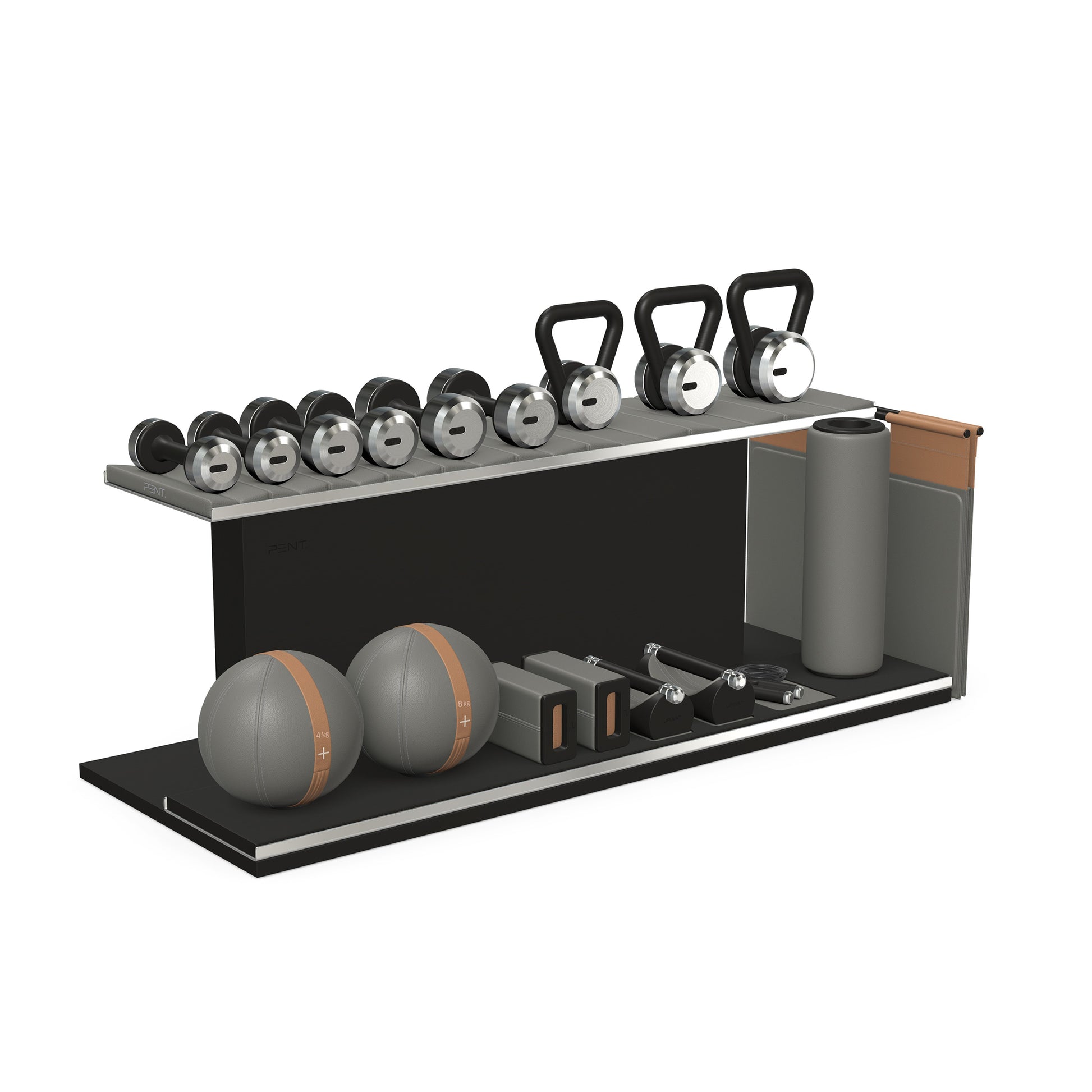 PENT. ANA: Skipping rope, push up bars, fitness mat, dumbbells, kettlebells, stretching roller, yoga blocks and leather medicine balls. Handcrafted with stainless steel, premium Italian grey base leather, brown accent leather and black ash wood.