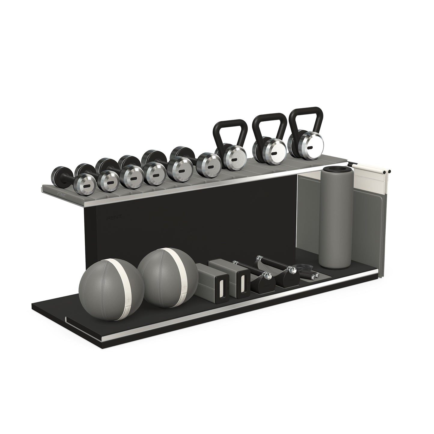 PENT. ANA: Skipping rope, push up bars, fitness mat, dumbbells, kettlebells, stretching roller, yoga blocks and leather medicine balls. Handcrafted with stainless steel, premium Italian grey base leather, white accent leather and black ash wood.