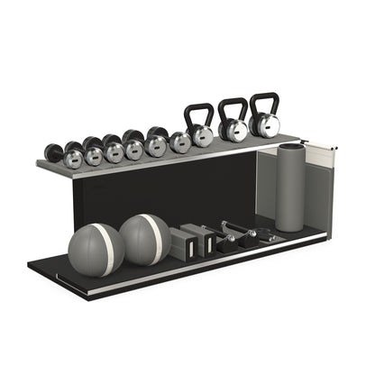 PENT. ANA: Skipping rope, push up bars, fitness mat, dumbbells, kettlebells, stretching roller, yoga blocks and leather medicine balls. Handcrafted with stainless steel, premium Italian grey base leather, white accent leather and black ash wood.