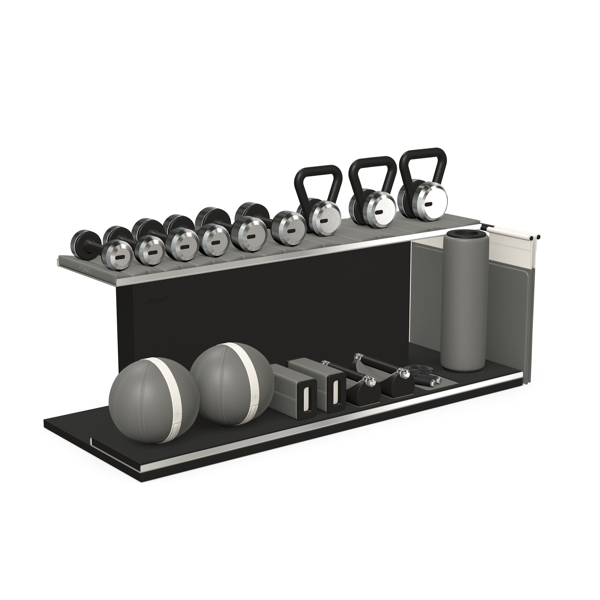 PENT. ANA: Skipping rope, push up bars, fitness mat, dumbbells, kettlebells, stretching roller, yoga blocks and leather medicine balls. Handcrafted with stainless steel, premium Italian grey base leather, white accent leather and black ash wood.