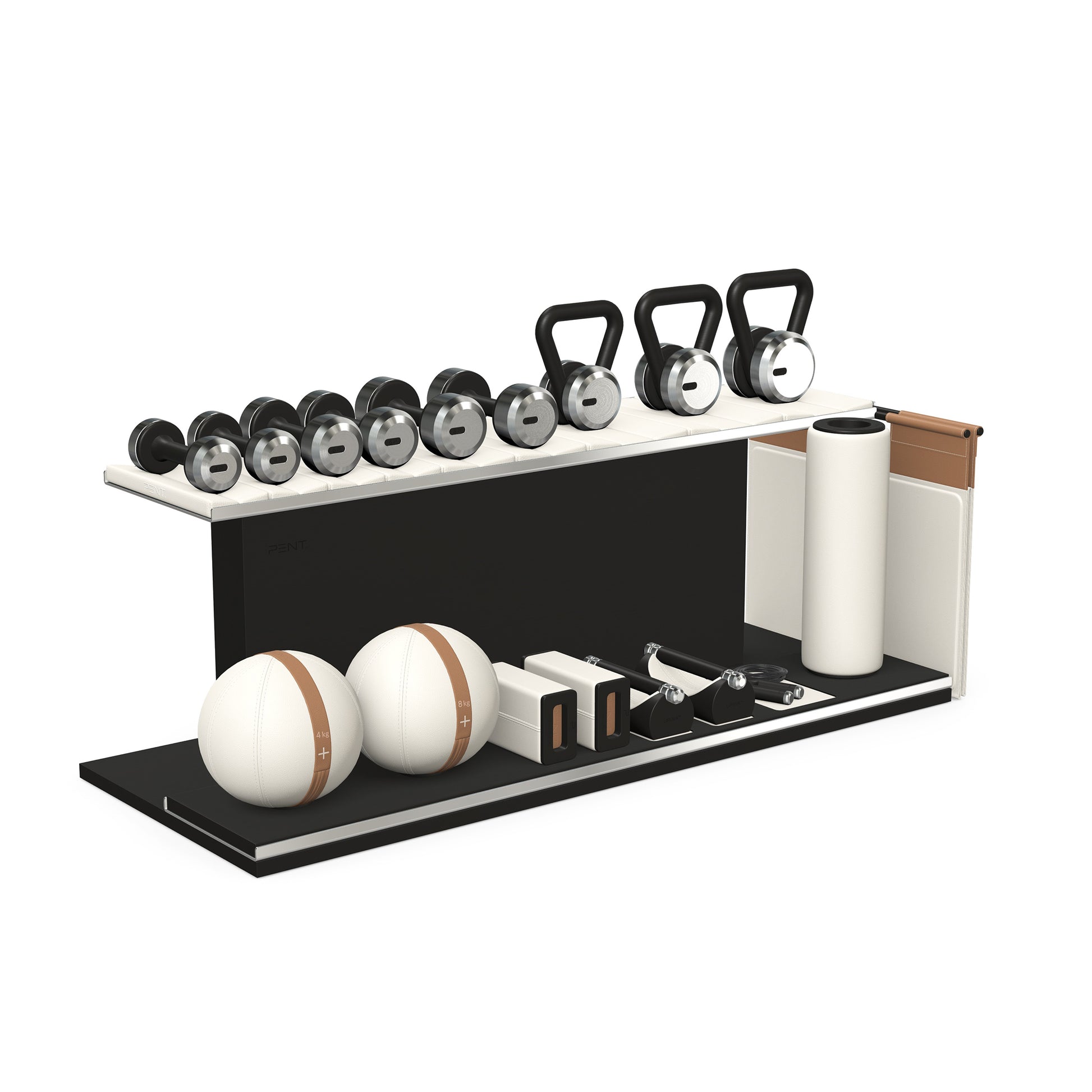 PENT. ANA: Skipping rope, push up bars, fitness mat, dumbbells, kettlebells, stretching roller, yoga blocks and leather medicine balls. Handcrafted with stainless steel, premium Italian white base leather, brown accent leather and black ash wood.