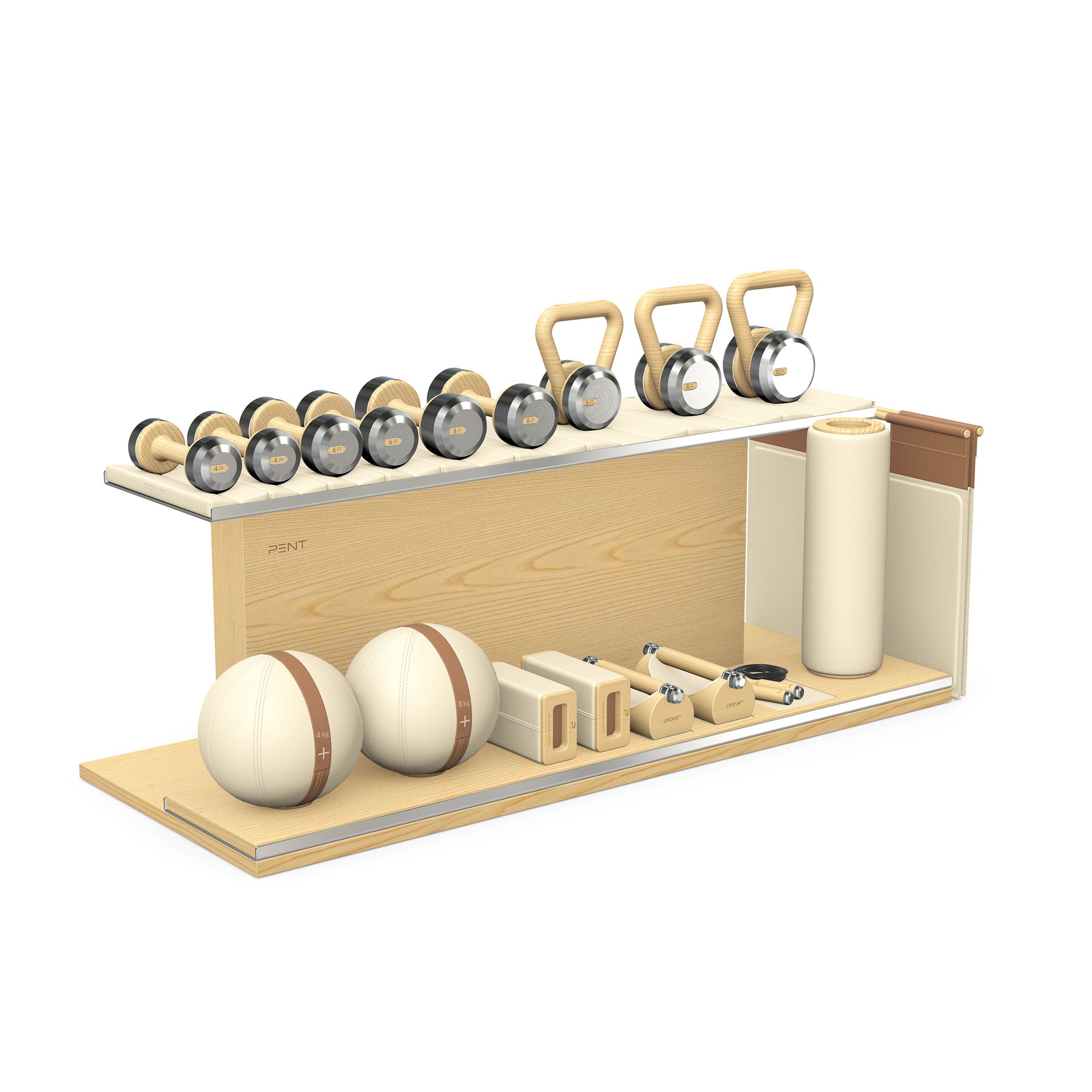 PENT. ANA: Skipping rope, push up bars, fitness mat, dumbbells, kettlebells, stretching roller, yoga blocks and leather medicine balls. Handcrafted with stainless steel, premium Italian beige base leather, brown accent leather and natural ash wood.