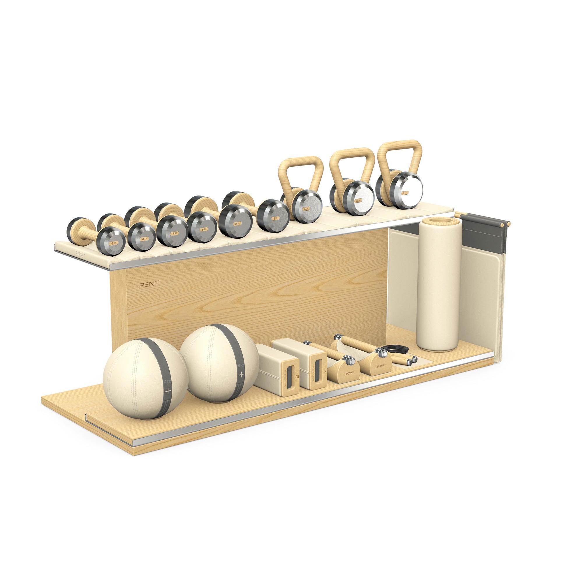 PENT. ANA: Skipping rope, push up bars, fitness mat, dumbbells, kettlebells, stretching roller, yoga blocks and leather medicine balls. Handcrafted with stainless steel, premium Italian beige base leather, grey accent leather and natural ash wood.