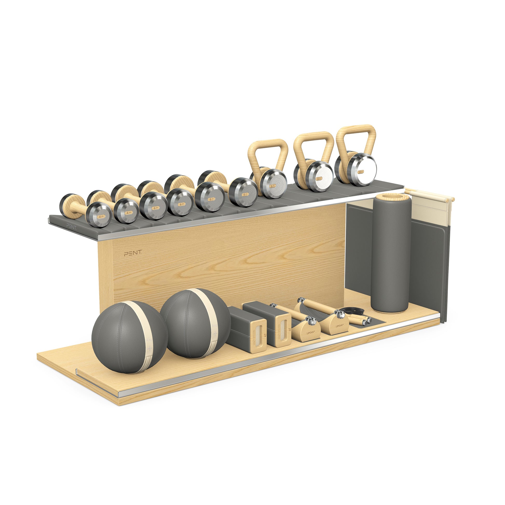 PENT. ANA: Skipping rope, push up bars, fitness mat, dumbbells, kettlebells, stretching roller, yoga blocks and leather medicine balls. Handcrafted with stainless steel, premium Italian grey base leather, beige accent leather and natural ash wood.