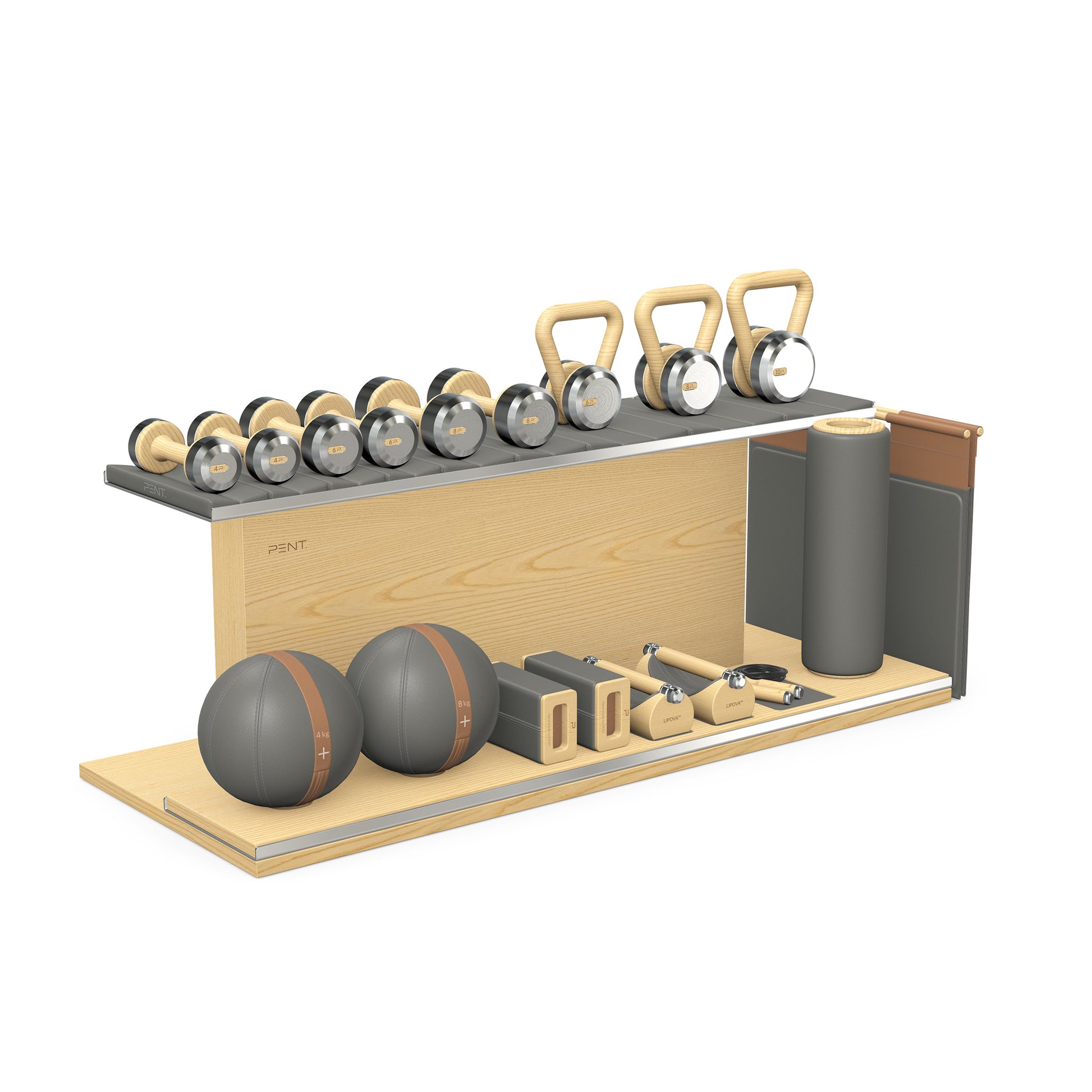 PENT. ANA: Skipping rope, push up bars, fitness mat, dumbbells, kettlebells, stretching roller, yoga blocks and leather medicine balls. Handcrafted with stainless steel, premium Italian grey base leather, brown accent leather and natural ash wood.
