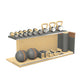 PENT. ANA: Skipping rope, push up bars, fitness mat, dumbbells, kettlebells, stretching roller, yoga blocks and leather medicine balls. Handcrafted with stainless steel, premium Italian grey base leather, brown accent leather and natural ash wood.
