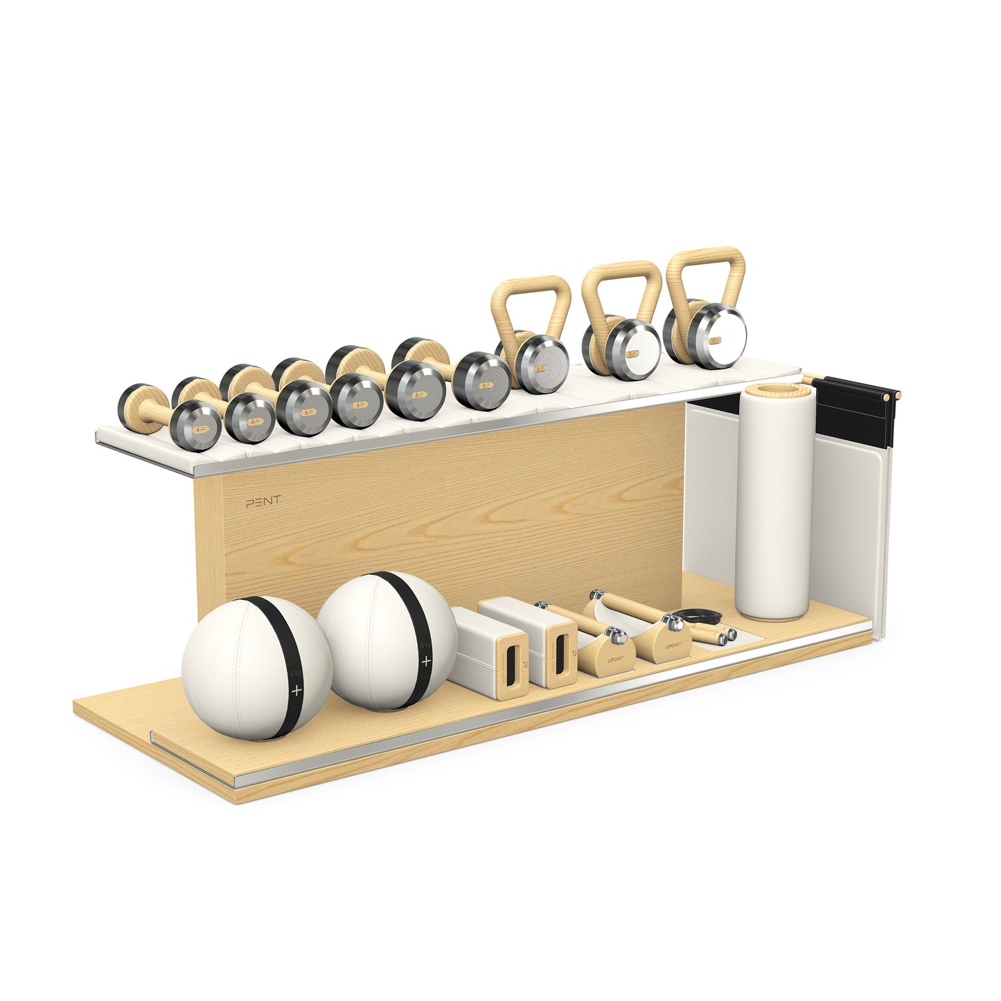 PENT. ANA: Skipping rope, push up bars, fitness mat, dumbbells, kettlebells, stretching roller, yoga blocks and leather medicine balls. Handcrafted with stainless steel, premium Italian white base leather, black accent leather and natural ash wood.