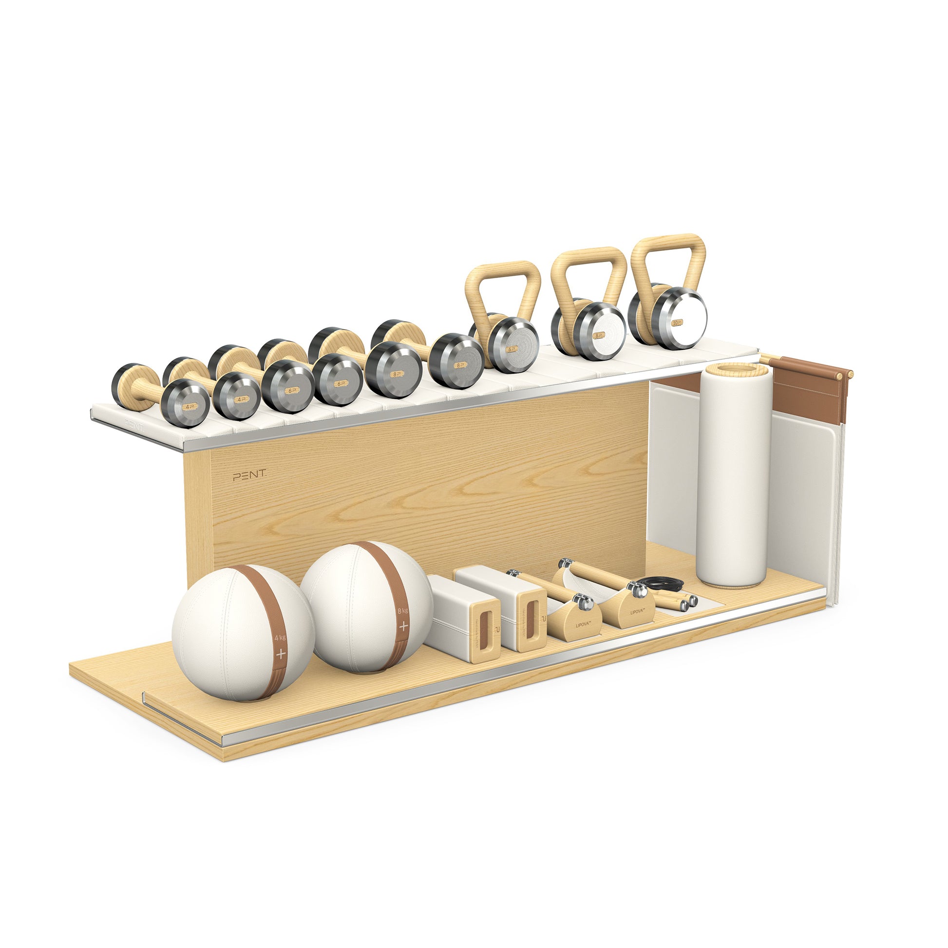 PENT. ANA: Skipping rope, push up bars, fitness mat, dumbbells, kettlebells, stretching roller, yoga blocks and leather medicine balls. Handcrafted with stainless steel, premium Italian white base leather, brown accent leather and natural ash wood.
