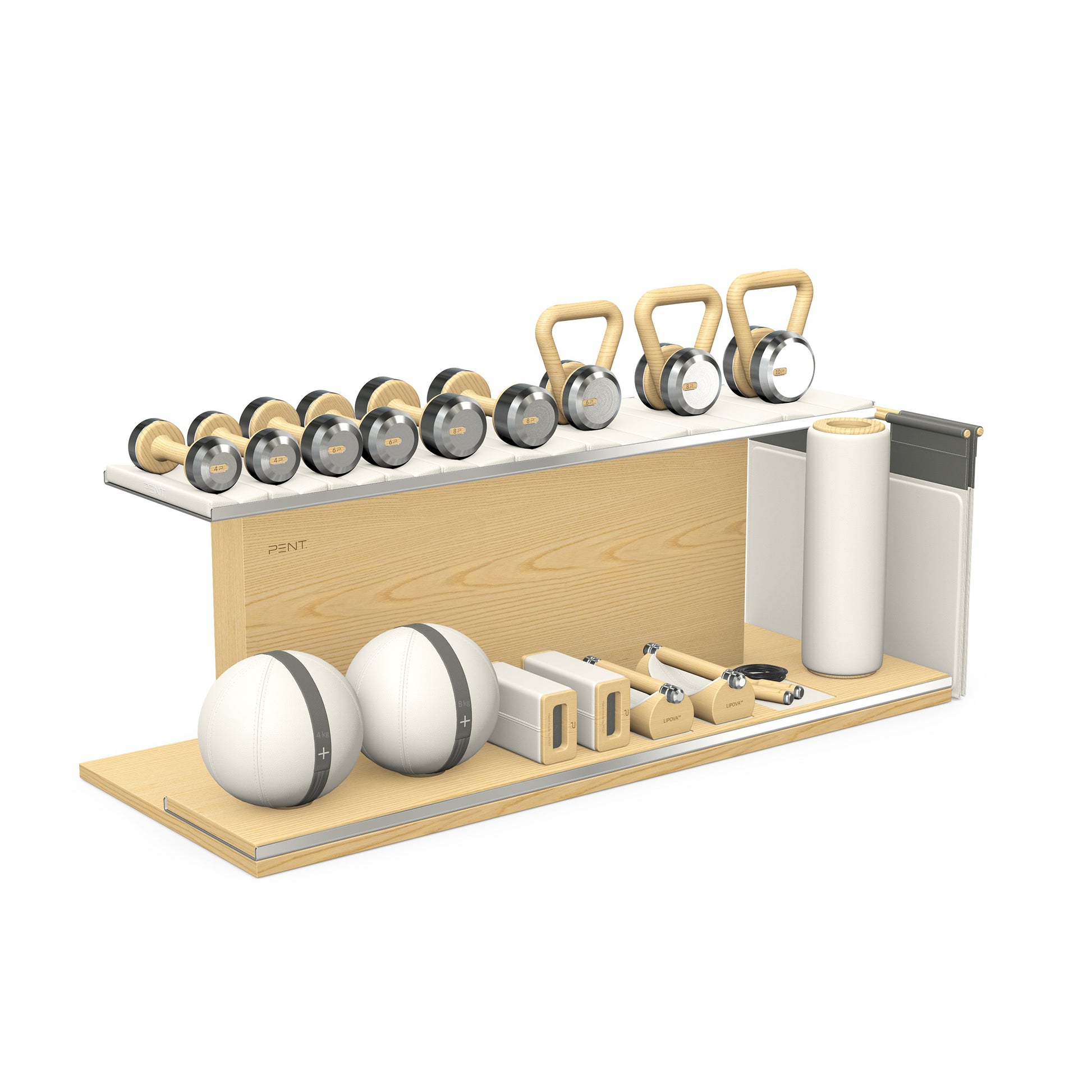 PENT. ANA: Skipping rope, push up bars, fitness mat, dumbbells, kettlebells, stretching roller, yoga blocks and leather medicine balls. Handcrafted with stainless steel, premium Italian white base leather, grey accent leather and natural ash wood.