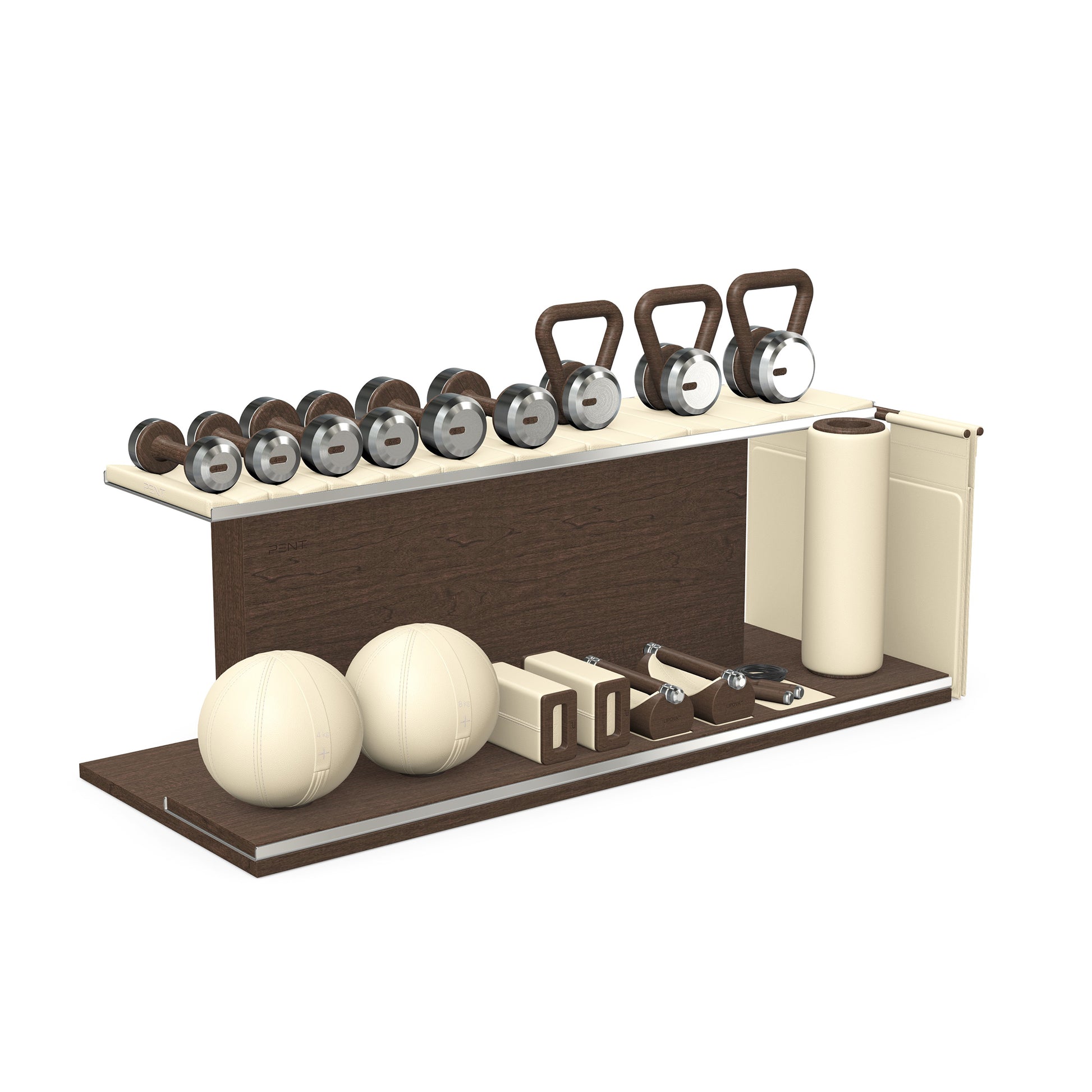 PENT. ANA: Skipping rope, push up bars, fitness mat, dumbbells, kettlebells, stretching roller, yoga blocks and leather medicine balls. Handcrafted with stainless steel, premium Italian beige base leather, beige accent leather and dark walnut wood.