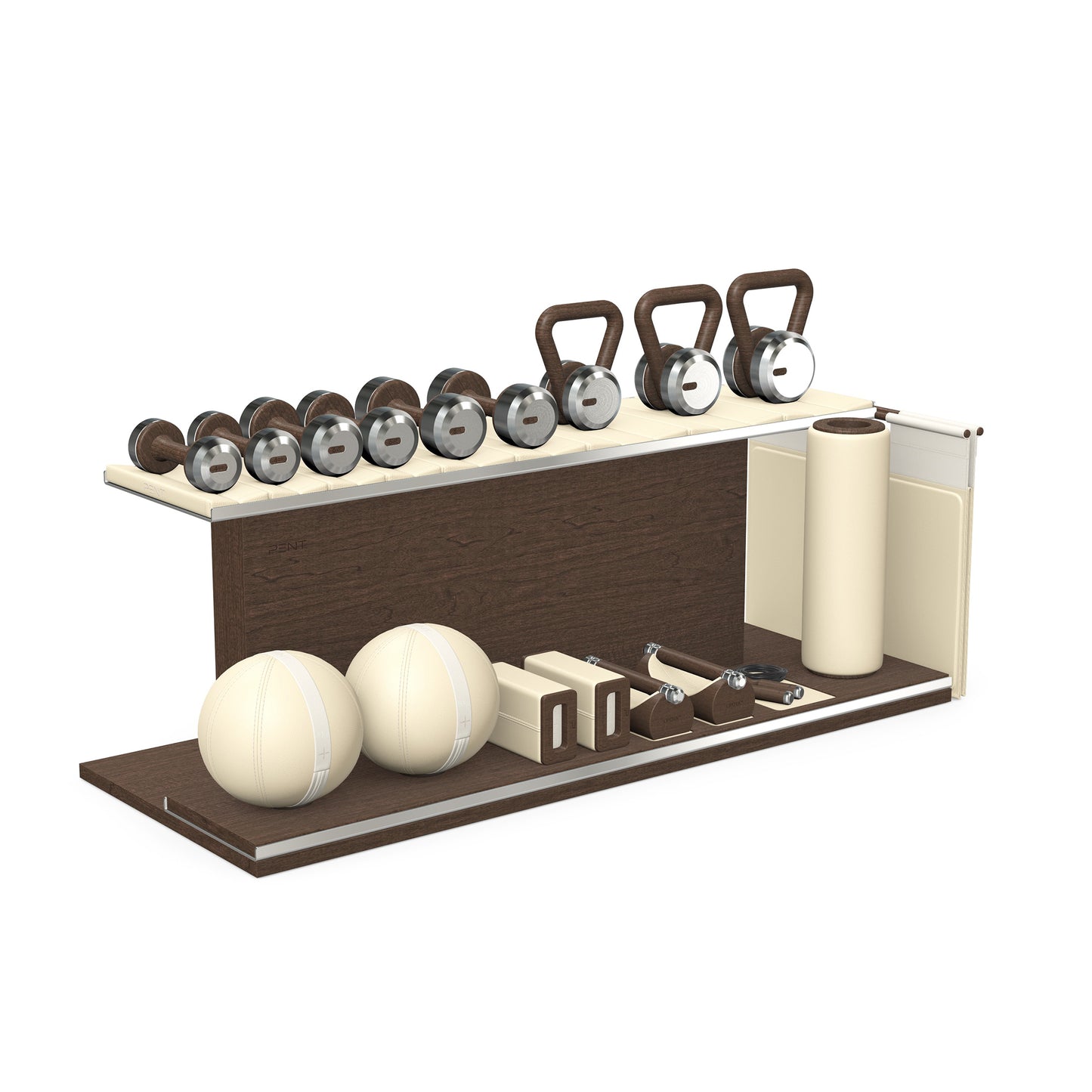 PENT. ANA: Skipping rope, push up bars, fitness mat, dumbbells, kettlebells, stretching roller, yoga blocks and leather medicine balls. Handcrafted with stainless steel, premium Italian beige base leather, white accent leather and dark walnut wood.