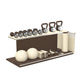 PENT. ANA: Skipping rope, push up bars, fitness mat, dumbbells, kettlebells, stretching roller, yoga blocks and leather medicine balls. Handcrafted with stainless steel, premium Italian beige base leather, white accent leather and dark walnut wood.