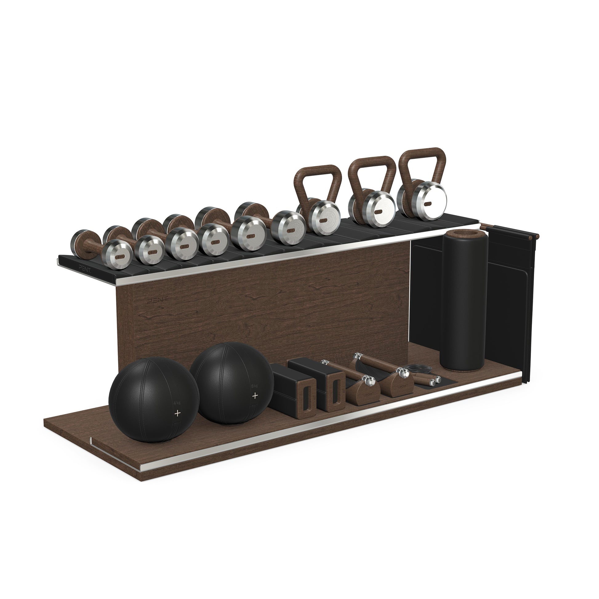 PENT. ANA: Skipping rope, push up bars, fitness mat, dumbbells, kettlebells, stretching roller, yoga blocks and leather medicine balls. Handcrafted with stainless steel, premium Italian black base leather, black accent leather and dark walnut wood.