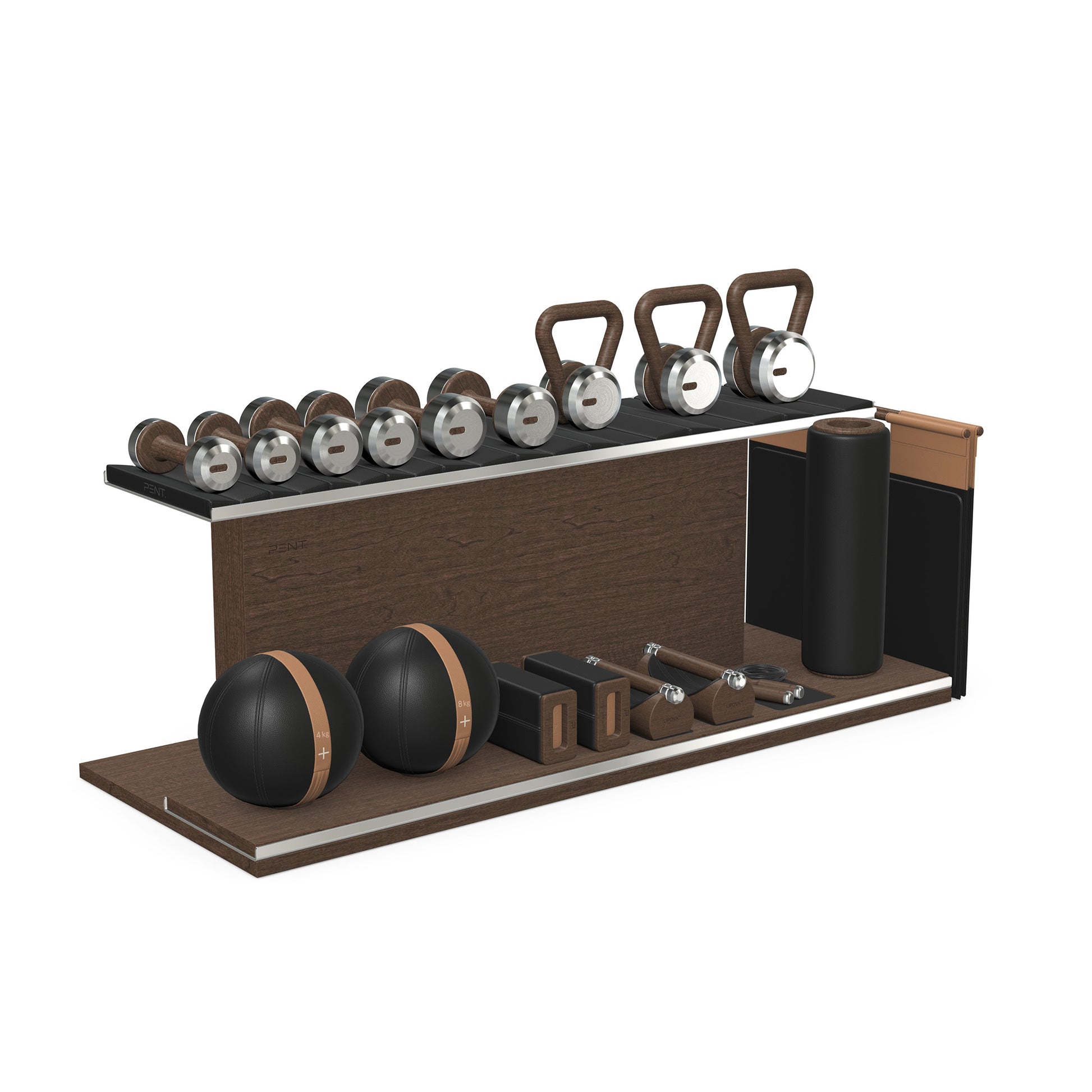 PENT. ANA: Skipping rope, push up bars, fitness mat, dumbbells, kettlebells, stretching roller, yoga blocks and leather medicine balls. Handcrafted with stainless steel, premium Italian black base leather, brown accent leather and dark walnut wood.