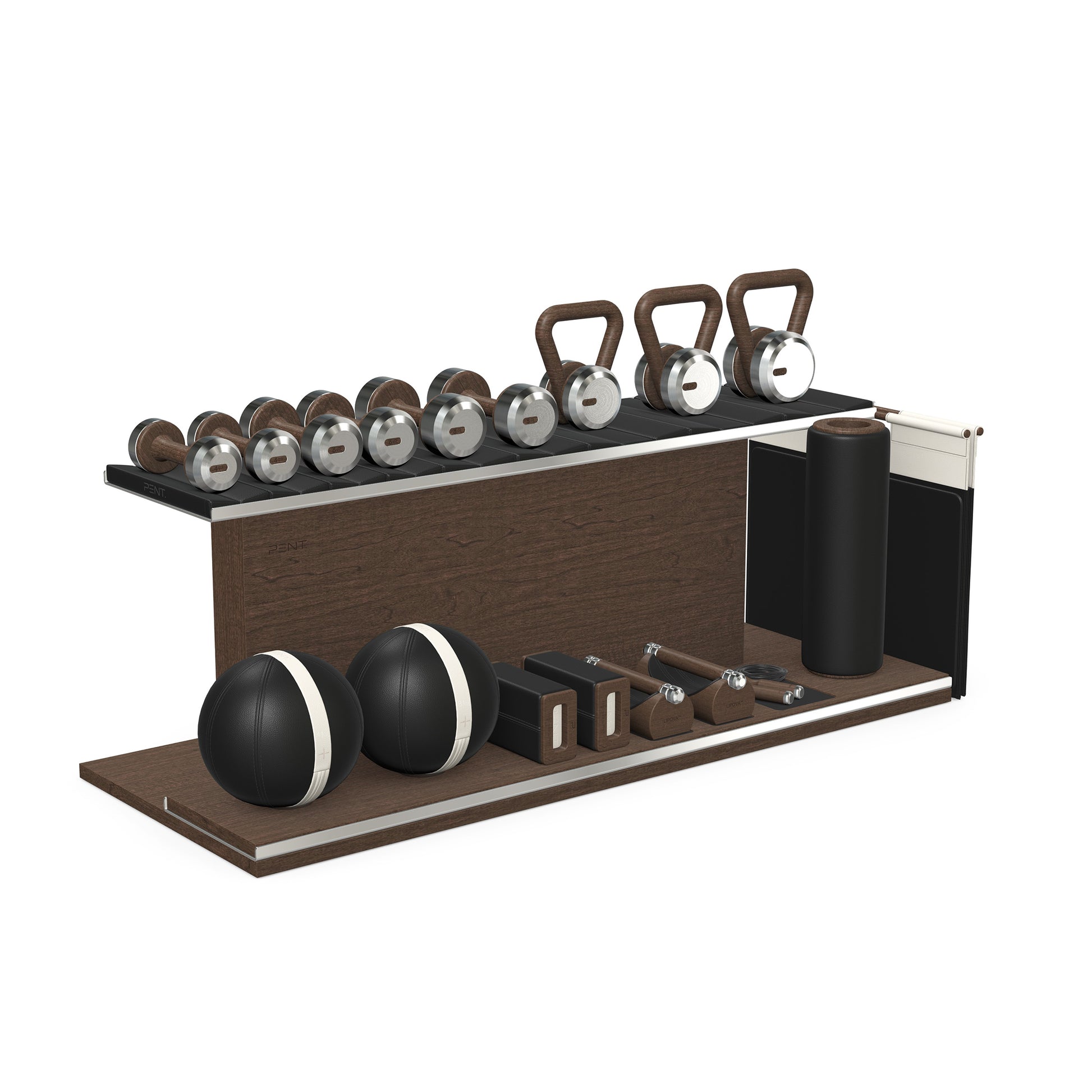 PENT. ANA: Skipping rope, push up bars, fitness mat, dumbbells, kettlebells, stretching roller, yoga blocks and leather medicine balls. Handcrafted with stainless steel, premium Italian black base leather, white accent leather and dark walnut wood.
