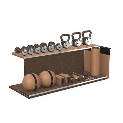 PENT. ANA: Skipping rope, push up bars, fitness mat, dumbbells, kettlebells, stretching roller, yoga blocks and leather medicine balls. Handcrafted with stainless steel, premium Italian brown base leather, black accent leather and dark walnut wood.