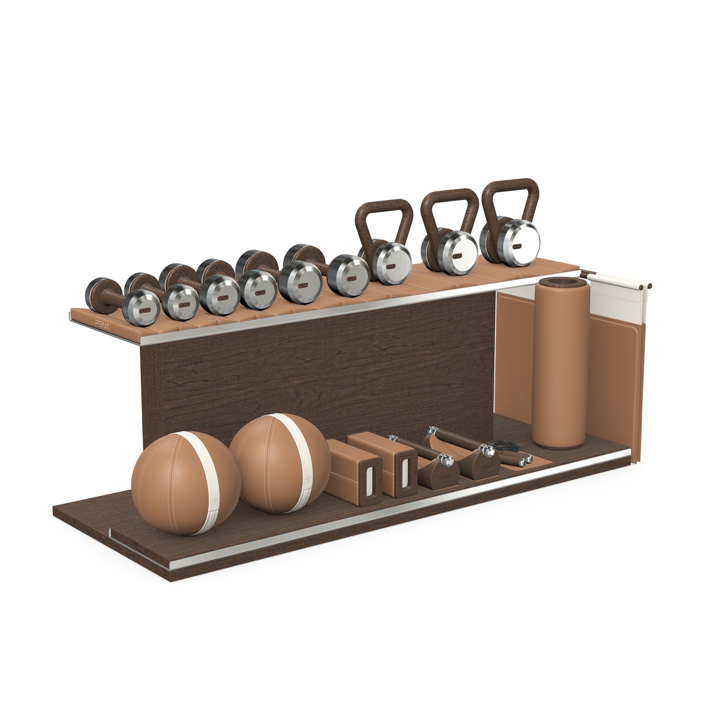 PENT. ANA: Skipping rope, push up bars, fitness mat, dumbbells, kettlebells, stretching roller, yoga blocks and leather medicine balls. Handcrafted with stainless steel, premium Italian brown base leather, white accent leather and dark walnut wood.