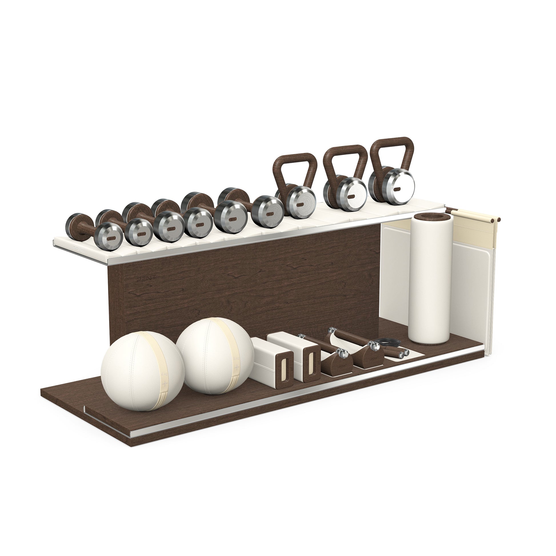 PENT. ANA: Skipping rope, push up bars, fitness mat, dumbbells, kettlebells, stretching roller, yoga blocks and leather medicine balls. Handcrafted with stainless steel, premium Italian white base leather, beige accent leather and dark walnut wood.