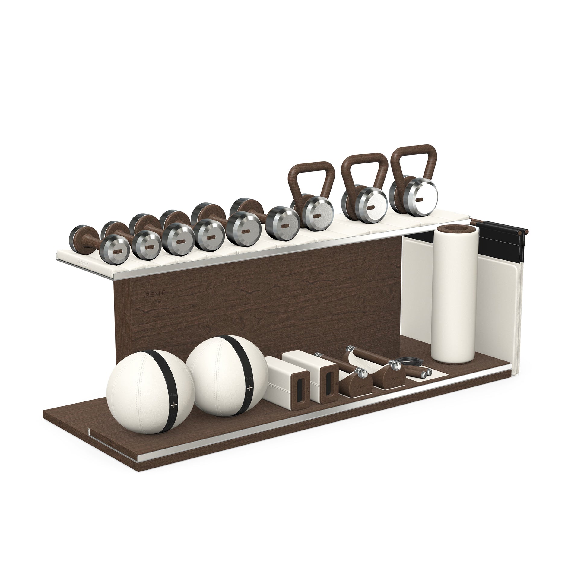 PENT. ANA: Skipping rope, push up bars, fitness mat, dumbbells, kettlebells, stretching roller, yoga blocks and leather medicine balls. Handcrafted with stainless steel, premium Italian white base leather, black accent leather and dark walnut wood.