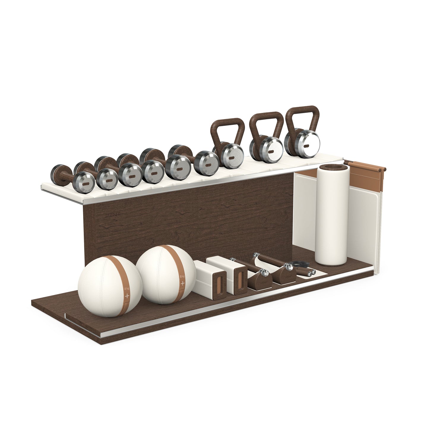 PENT. ANA: Skipping rope, push up bars, fitness mat, dumbbells, kettlebells, stretching roller, yoga blocks and leather medicine balls. Handcrafted with stainless steel, premium Italian white base leather, brown accent leather and dark walnut wood.