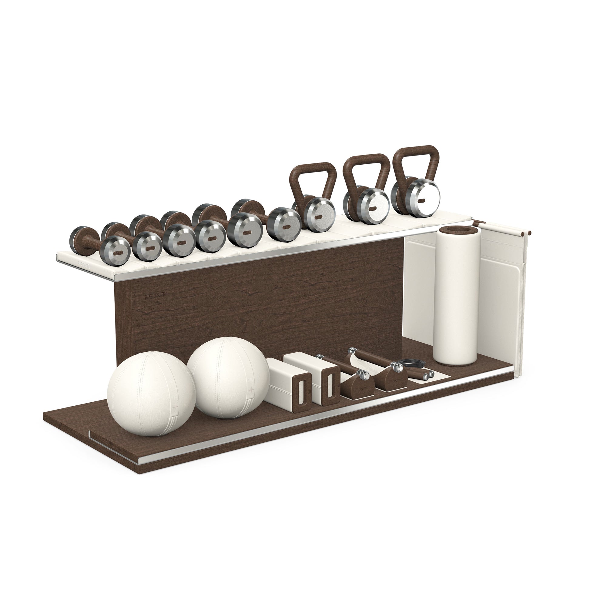 PENT. ANA: Skipping rope, push up bars, fitness mat, dumbbells, kettlebells, stretching roller, yoga blocks and leather medicine balls. Handcrafted with stainless steel, premium Italian white base leather, white accent leather and dark walnut wood.