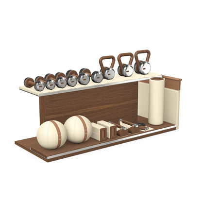 PENT. ANA: Skipping rope, push up bars, fitness mat, dumbbells, kettlebells, stretching roller, yoga blocks and leather medicine balls. Handcrafted with stainless steel, premium Italian beige base leather, brown accent leather and natural walnut wood.