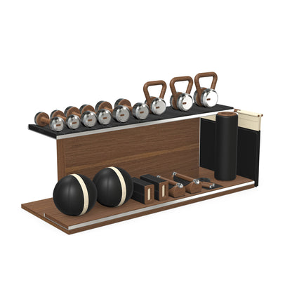 PENT. ANA: Skipping rope, push up bars, fitness mat, dumbbells, kettlebells, stretching roller, yoga blocks and leather medicine balls. Handcrafted with stainless steel, premium Italian black base leather, beige accent leather and natural walnut wood.